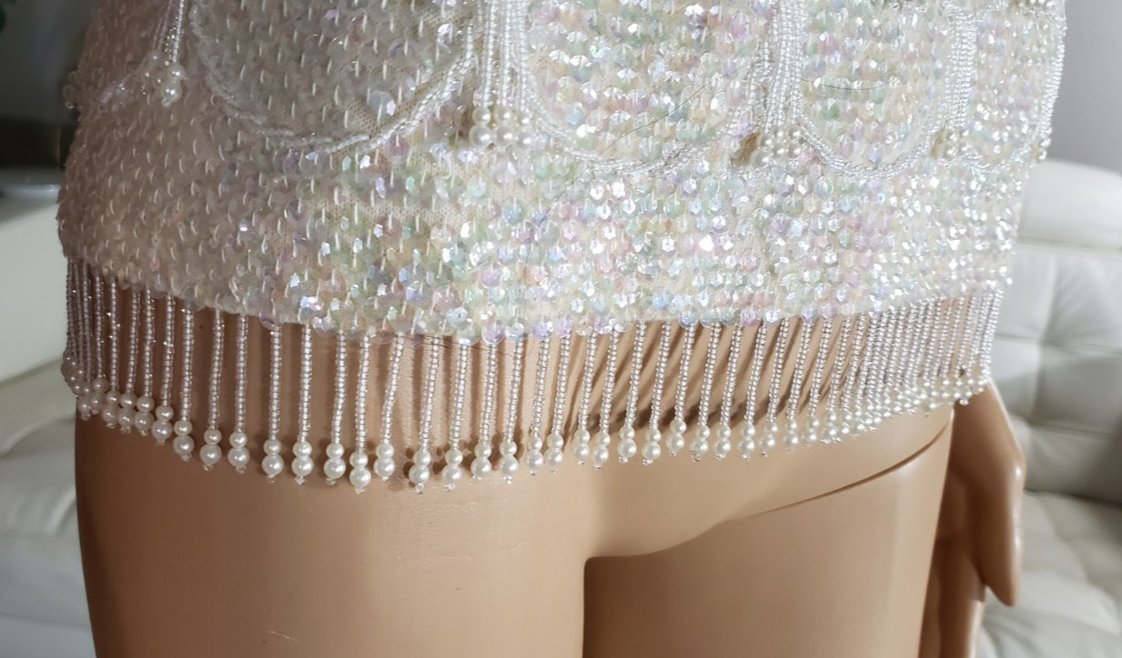 Vintage 1960’s Beaded Sequined Sweater Top Sleeveless Lined Fringe Cocktail