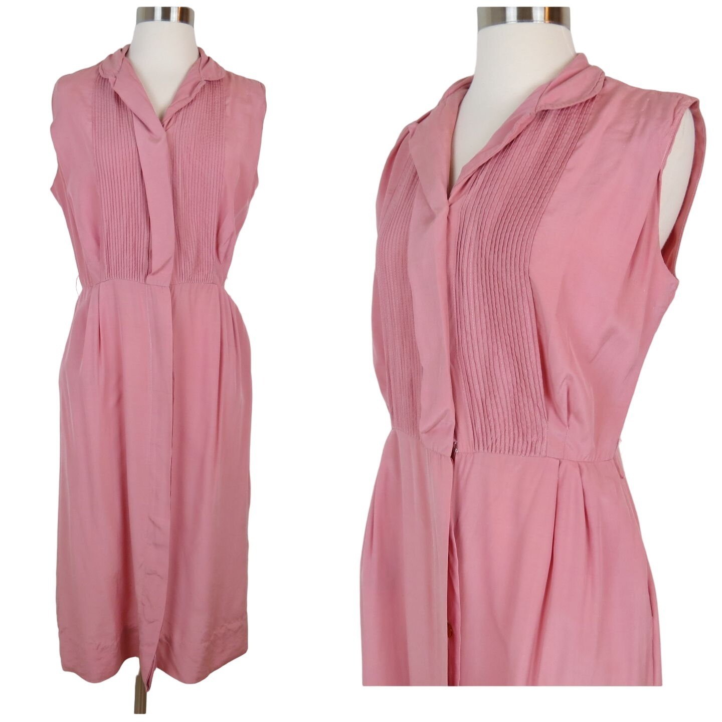VINTAGE 1950s Women’s Pink Slim Pinup Shirtdress Pintucks Sleeveless Bust 42