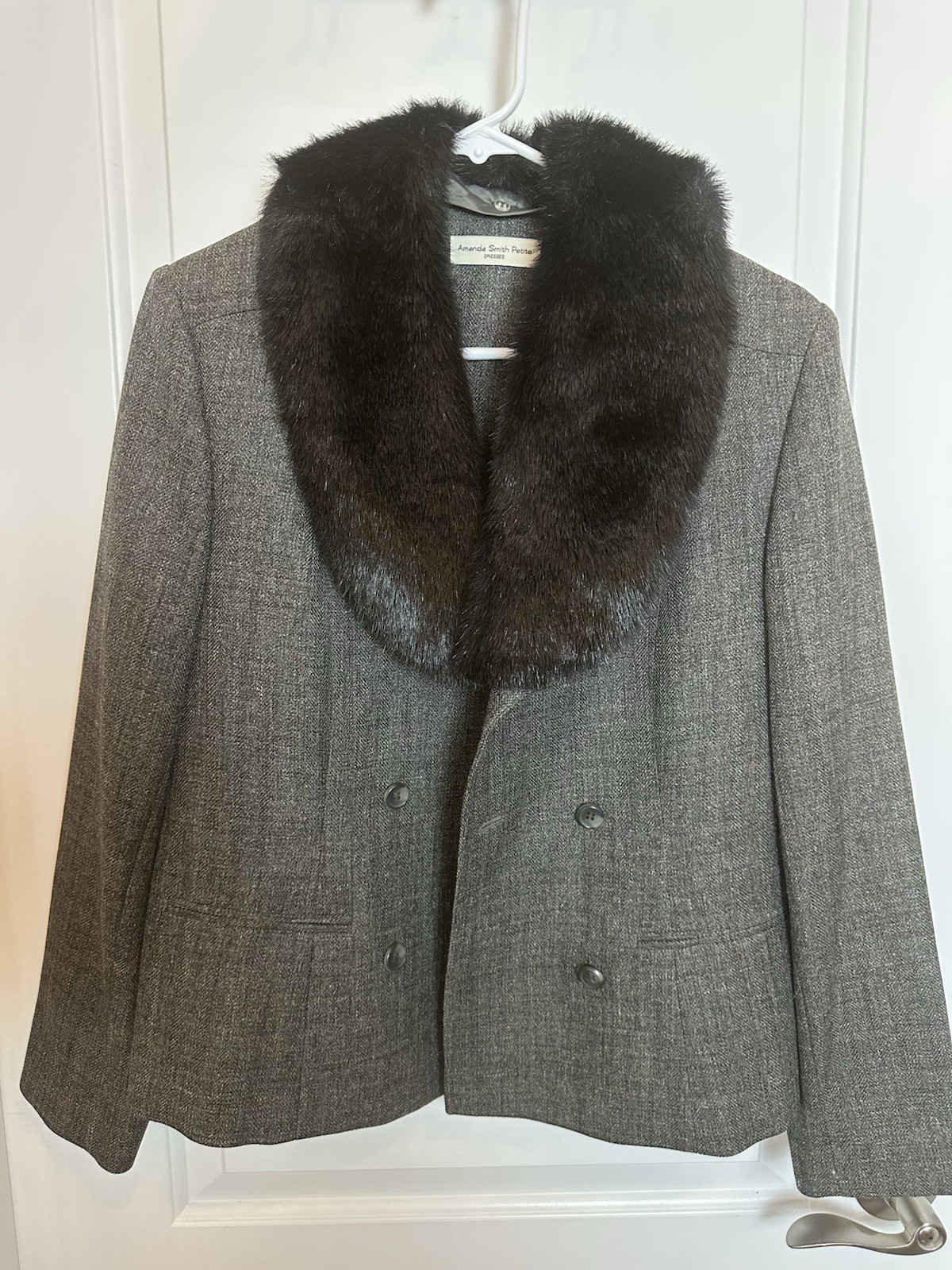 Vntg Amanda Smith Black Double Breasted Blazer Faux Fur Detachable Collar•Sz 8P