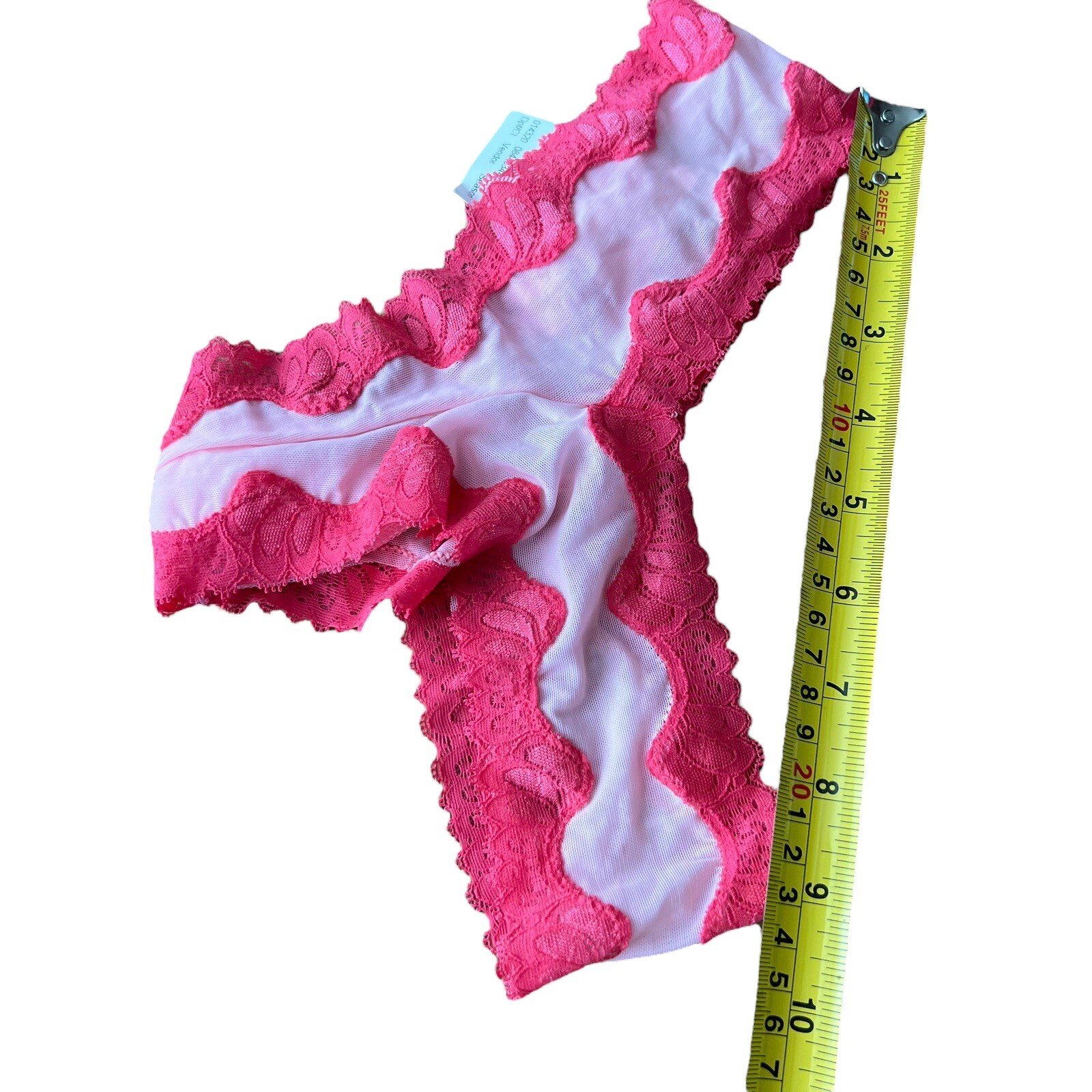 Vintage Panties Small Nylon Ruffled Lace Stretch Pink Sheer High Cut Cheeky Y2K