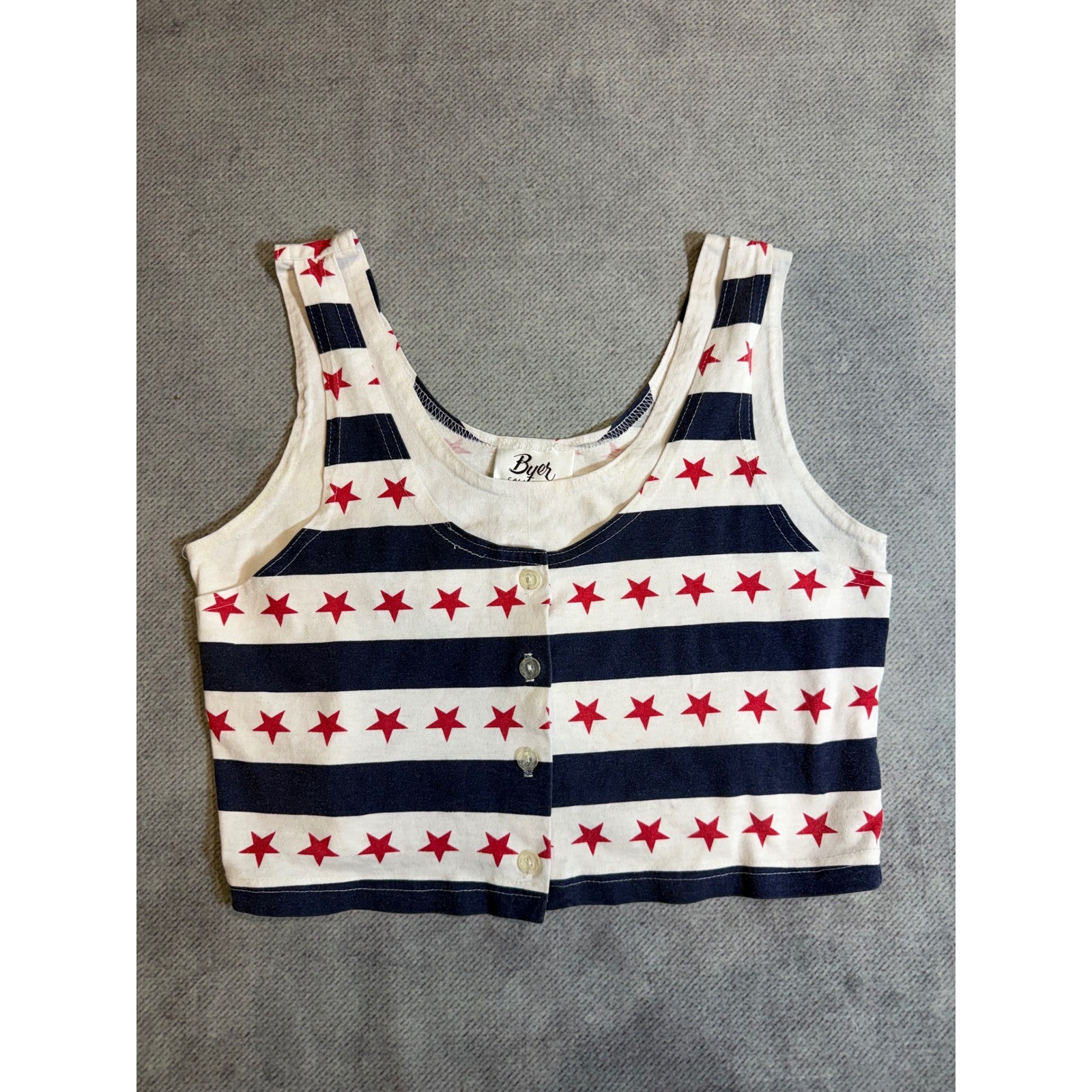 Vintage Byer California Crop Top Stars Stripes Americana Button Front Tank 90s