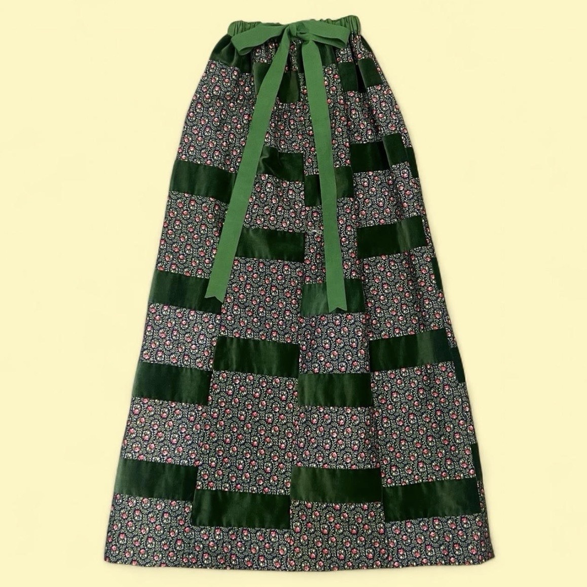 Vintage Mr. Hank Patchwork Maxi Skirt Velvet Floral Green Cottagecore 70s