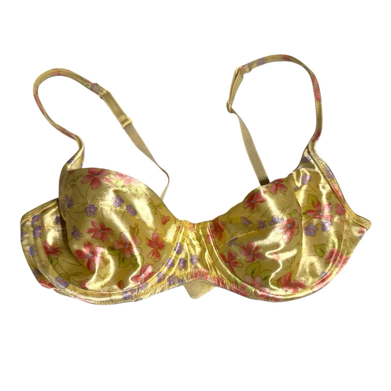 Vintage Victoria’s Secret Satin Second Skin Bra 34B Underwired Yellow Floral