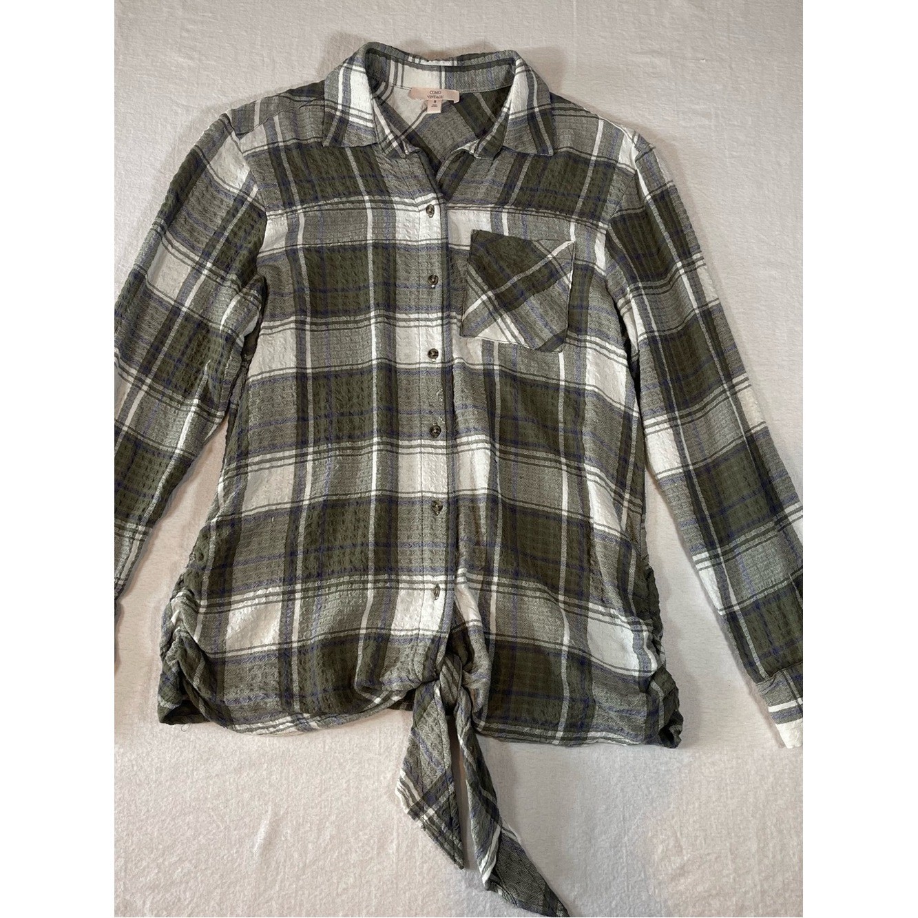 Como Vintage Women’s Olive, White & Blue Plaid Button-Up Front Tie Shirt Size S