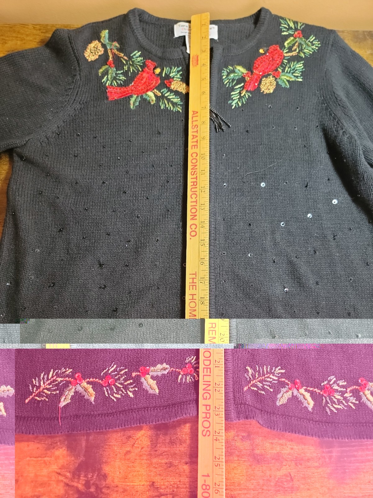 Tiara International Vtg Zip Christmas Sweater Cardinals Embroidered Black large