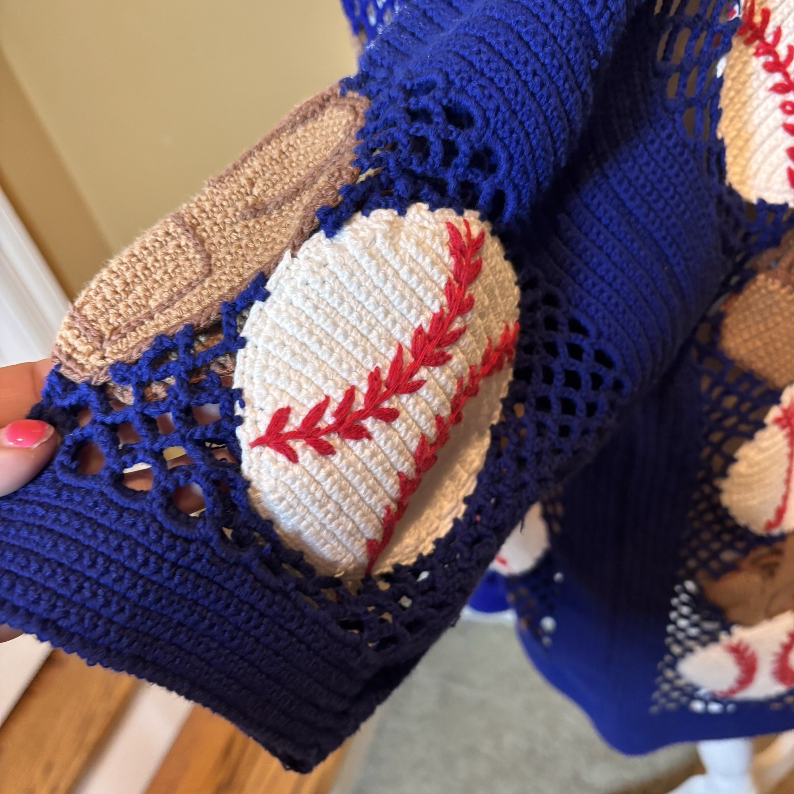 Vintage Berek2 Cotton Crochet Sweater Baseball Glove Novelty Size M/L Blue