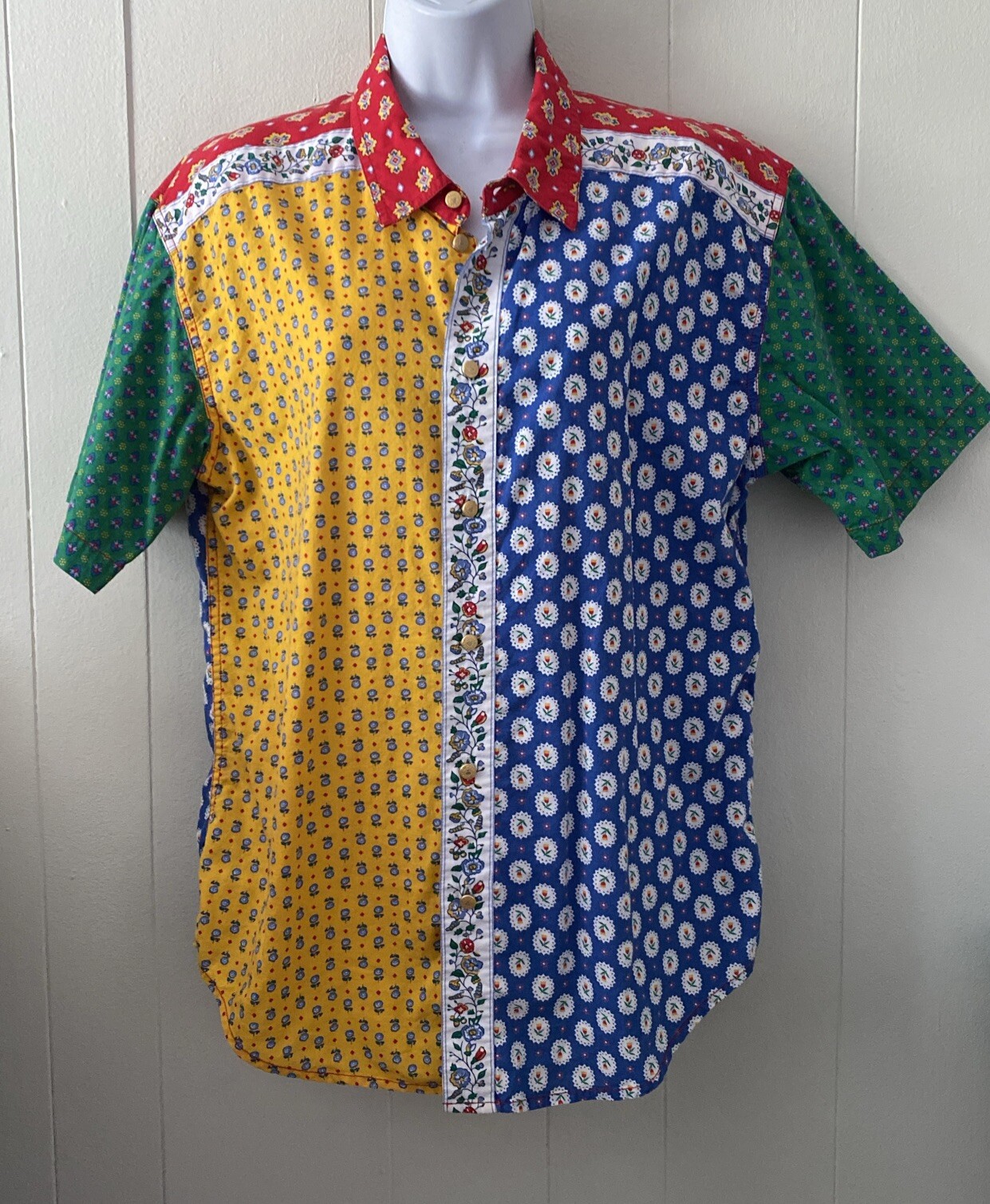 Vtg 90s Lizwear Colorful Floral Patchwork Print Button Front Top Sz M?