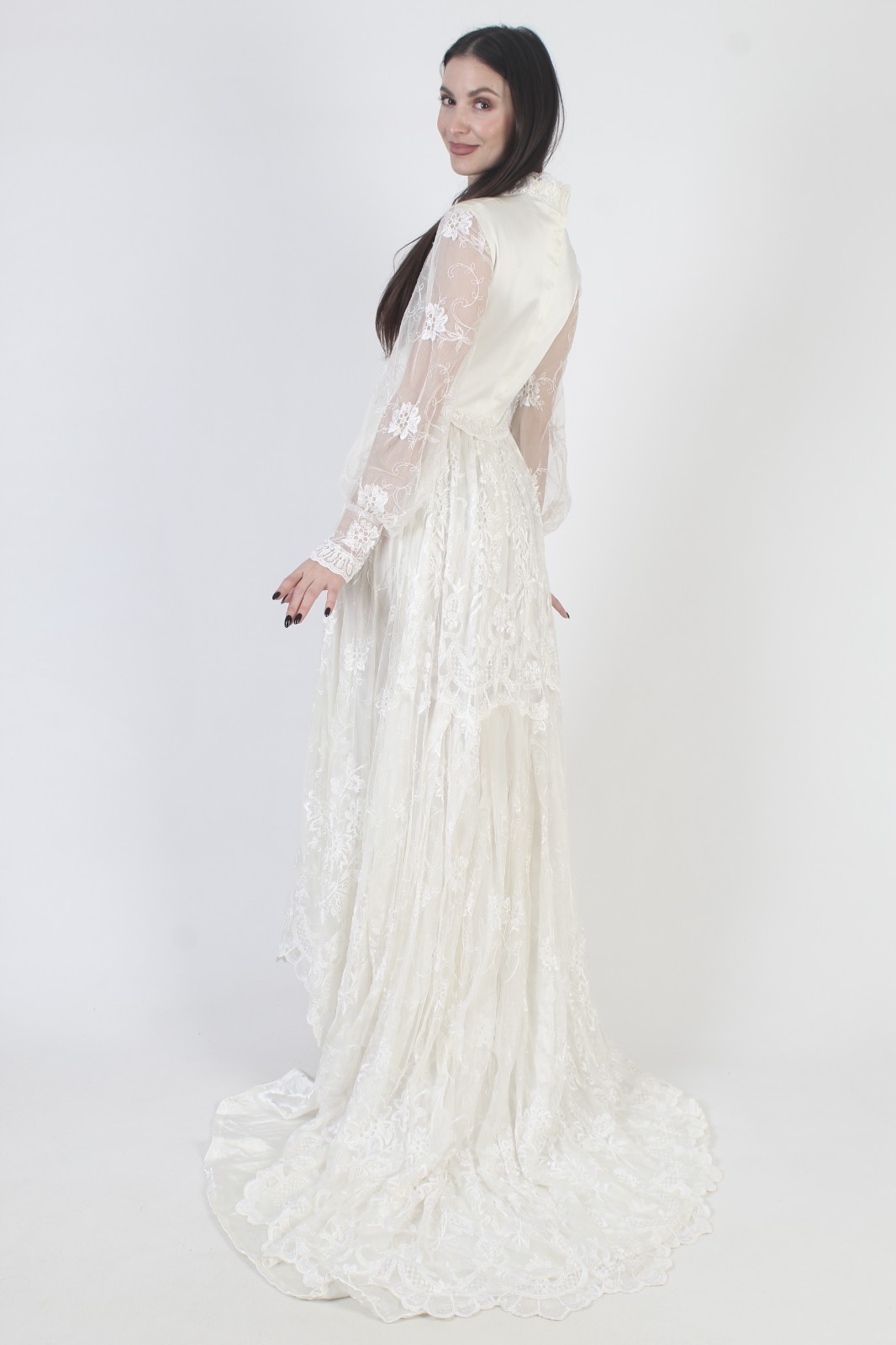 Vtg White Embroidered Wedding Dress Sheer Lace Victorian Bridal Asym Gown Train