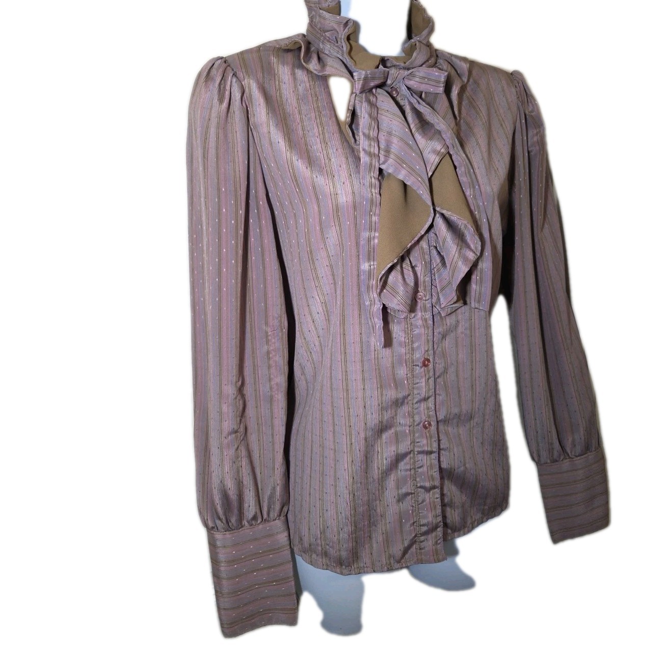 Vtg 70s 80s Jonathan Martin Victorian Satin Bow Blouse Mauve High Neck Size 9/10