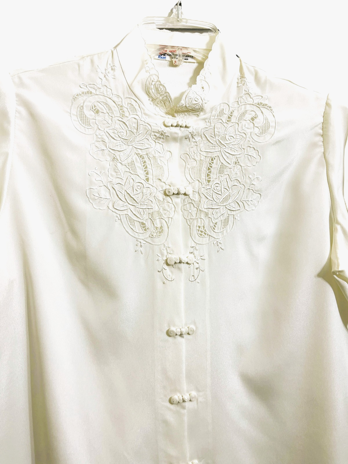 Rose Brand Chinese White Silk Hand Embroidered & Cutwork Blouse Top Sz 42