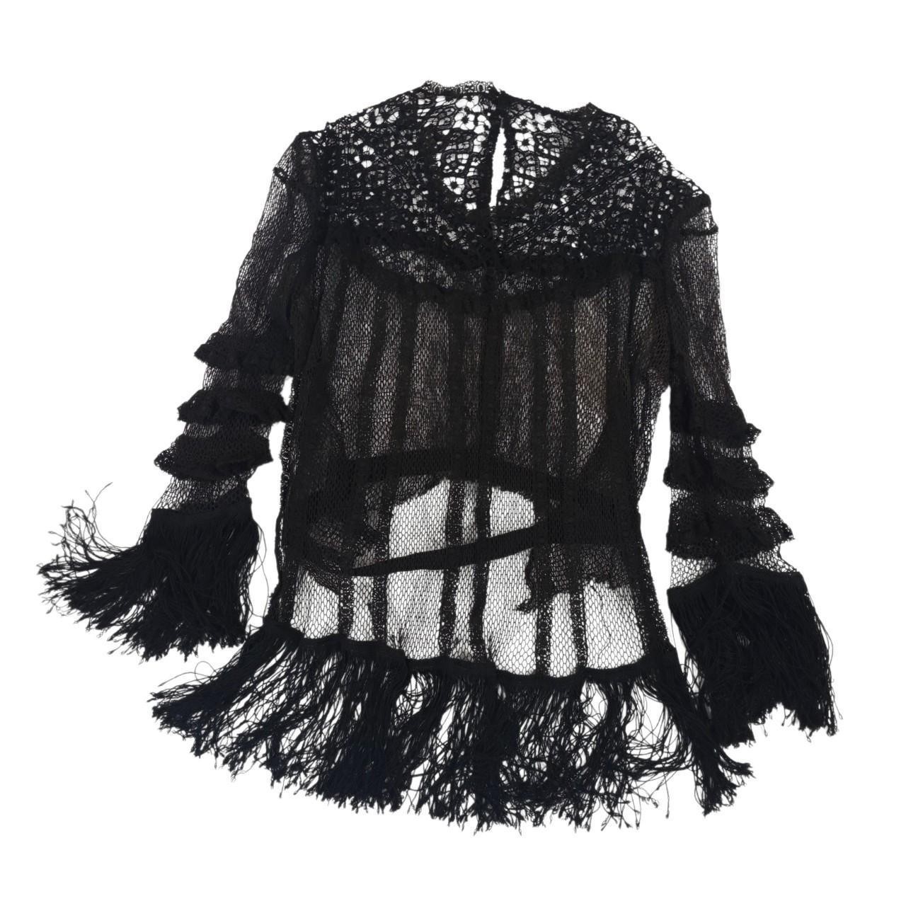 Black Crochet Lace Blouse Fringe Tassels Antique Victorian Edwardian Top Shirt