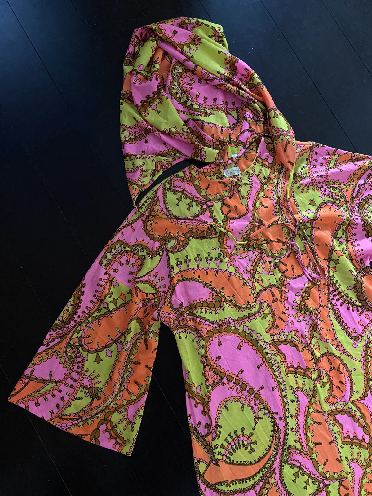 Vtg Le Voy’s Sun Pool Robe Size L Detachable Hood Neon Hot Pink Orange Green