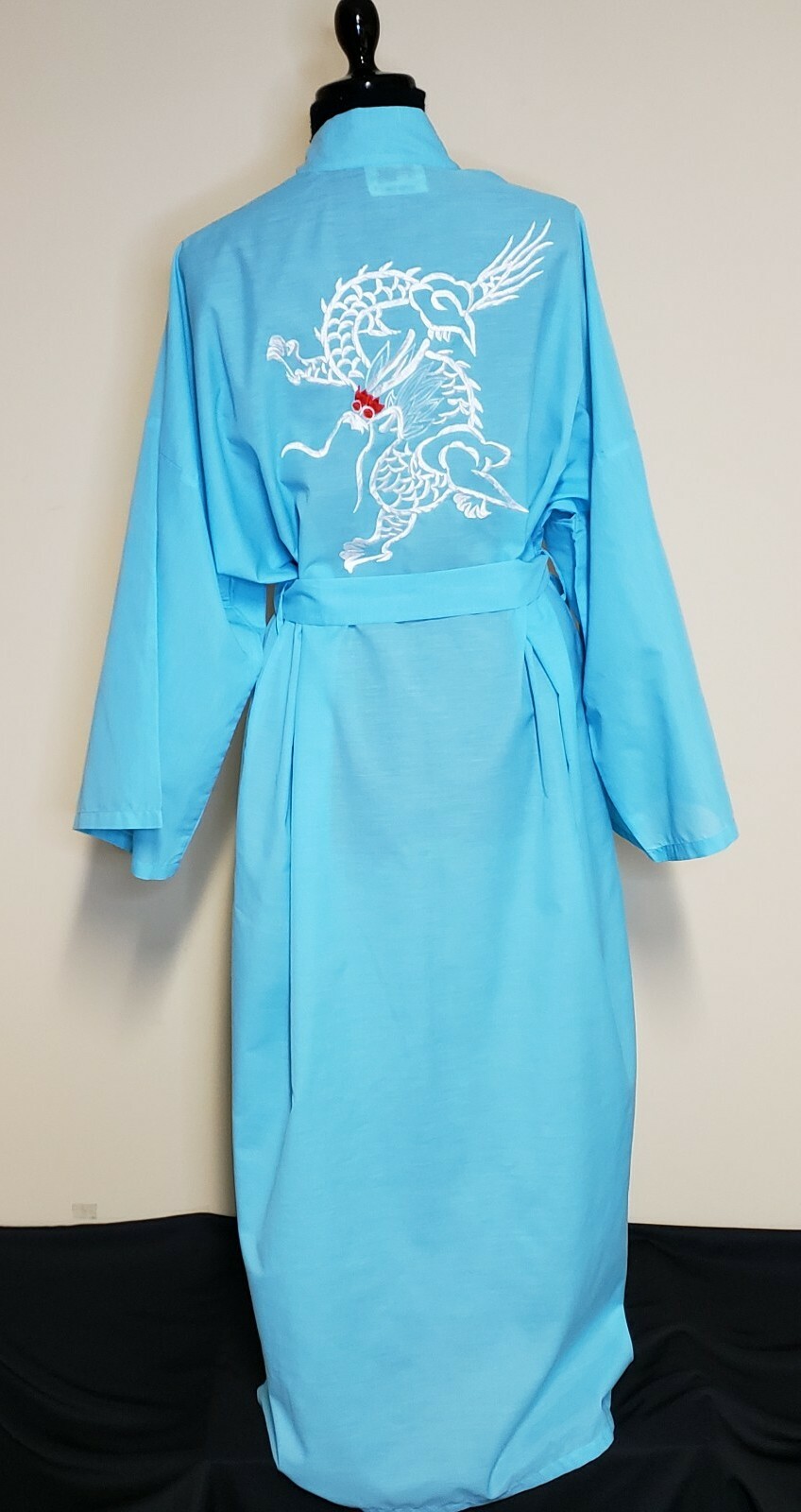 VTG Kimono Robe LG Plum Blossoms SPRING Blue Dragon Tie Belt Embroidery