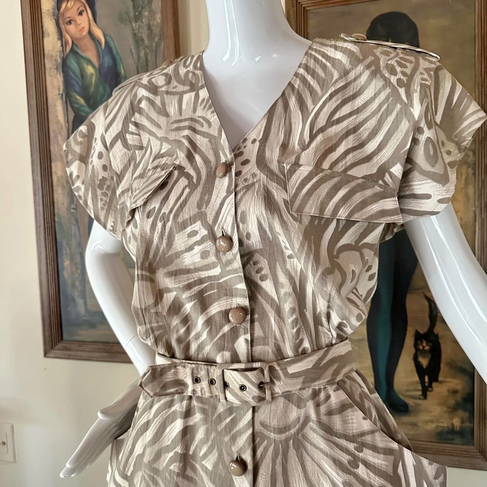 Vintage 1980s Seashell Safari Pin-up Shirtwaist Uniform Wiggle Dress L/XL