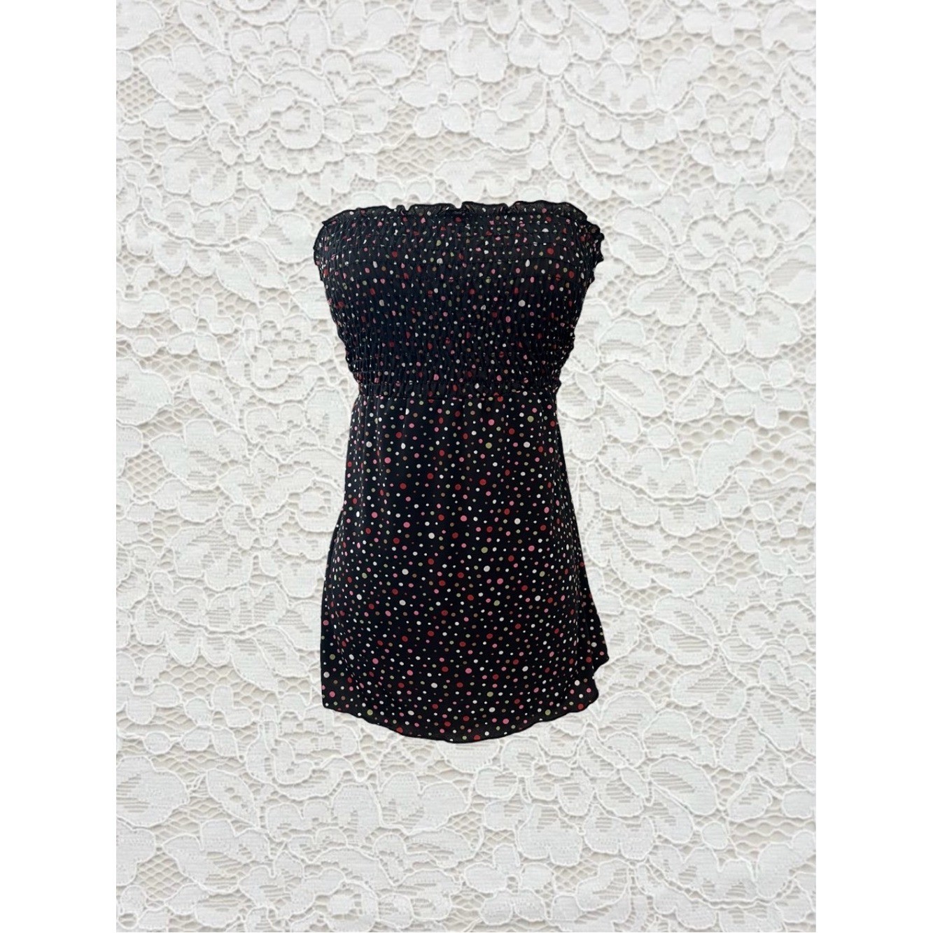 vintage black multicolored polka dot babydoll strapless tube top with tie back