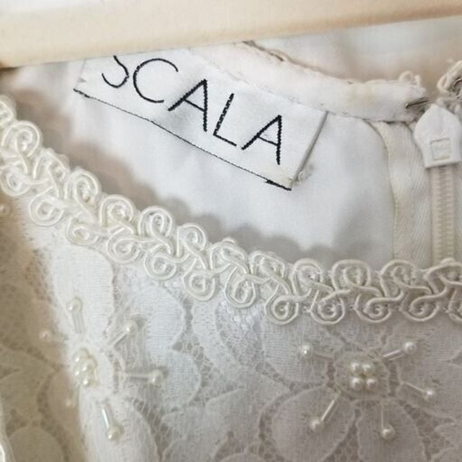 VTG Scala Womens S Ivory Beaded 2-Piece Long Sleeves Maxi Formal Gown Dress