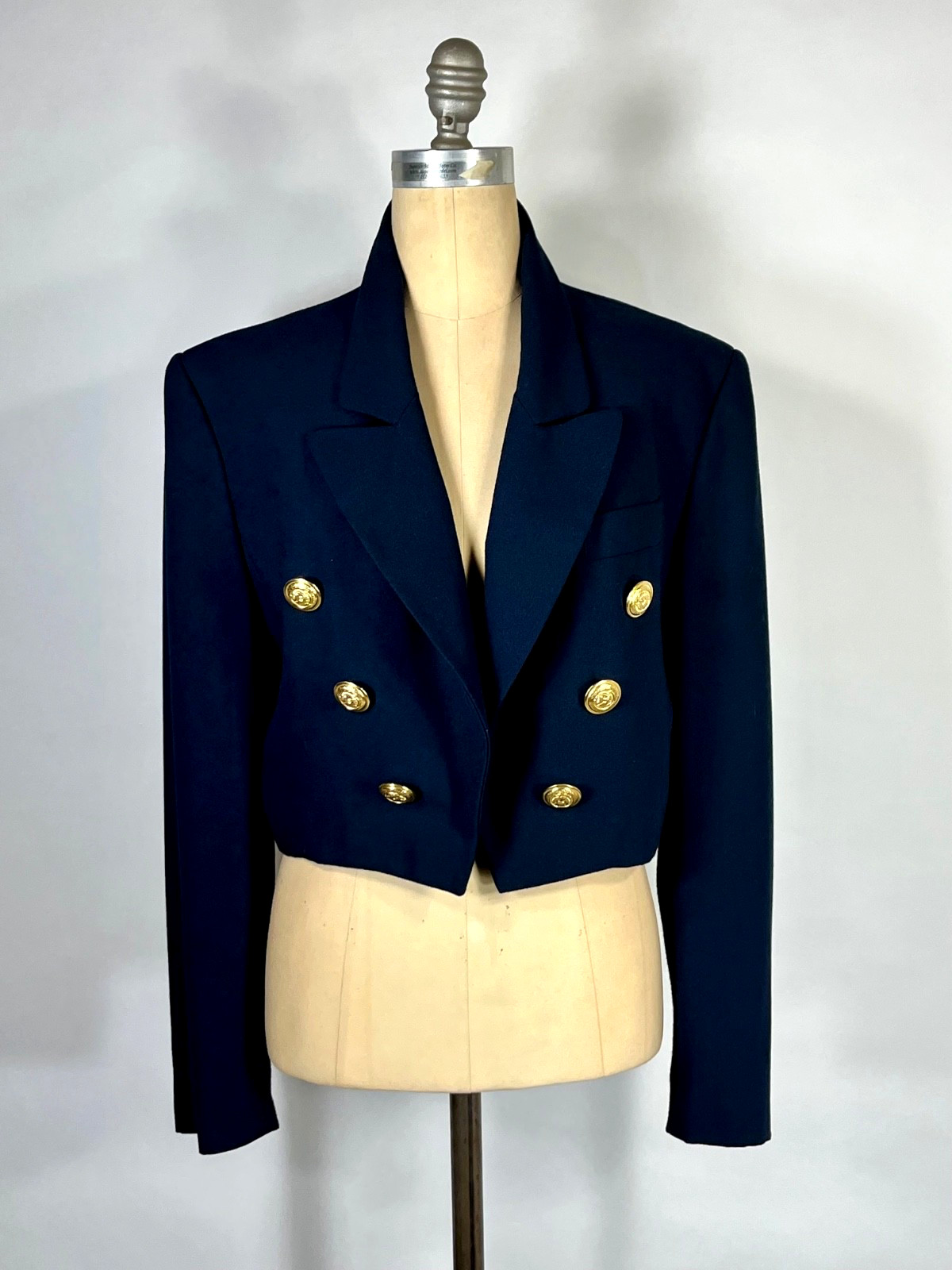 Vintage 1990’s MILITARY inspired navy blue wool crop jacket w/gold buttons sz 10