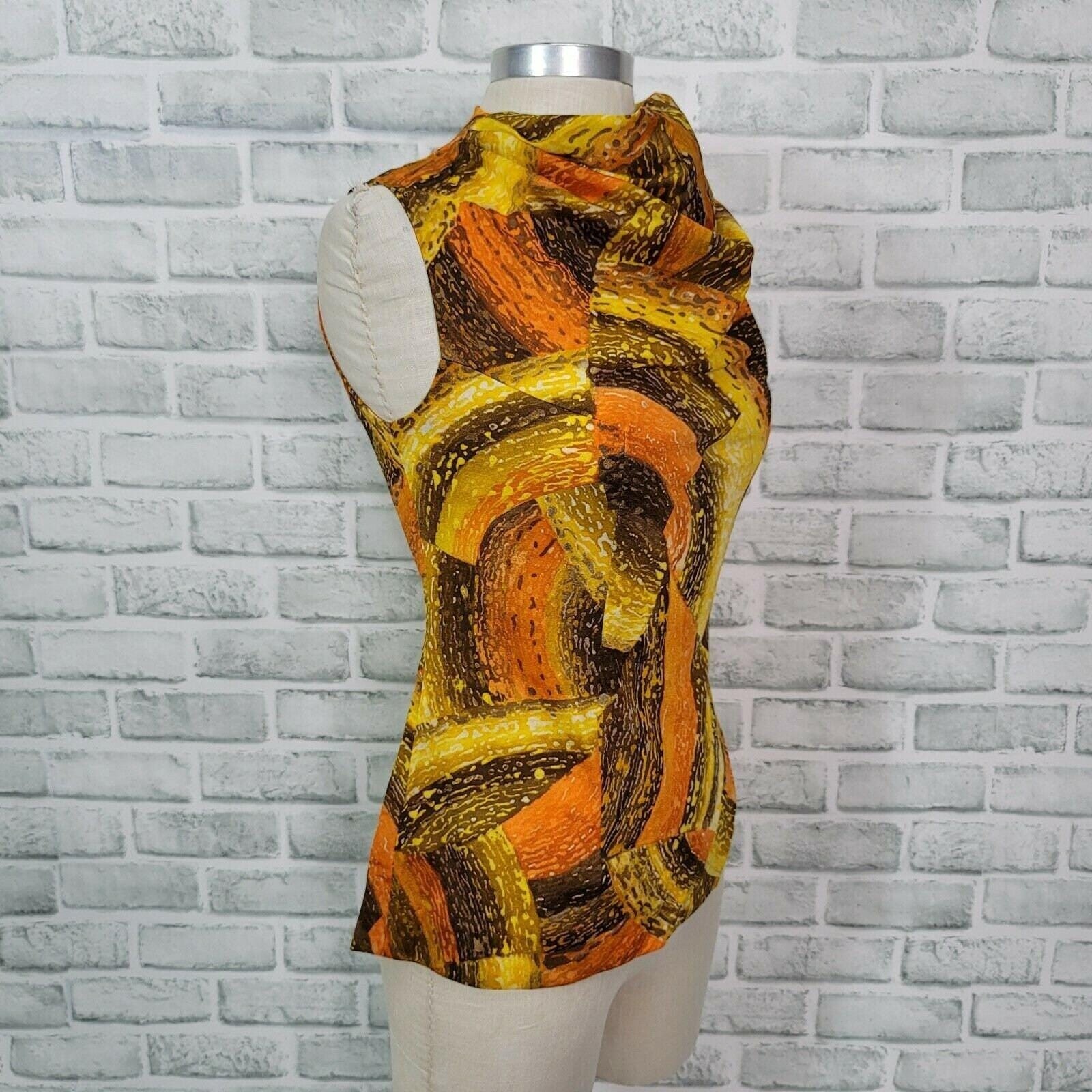 Vintage 70s Mod Abstract Cowl Neck Sleeveless Knit Top Womens Retro Boho M