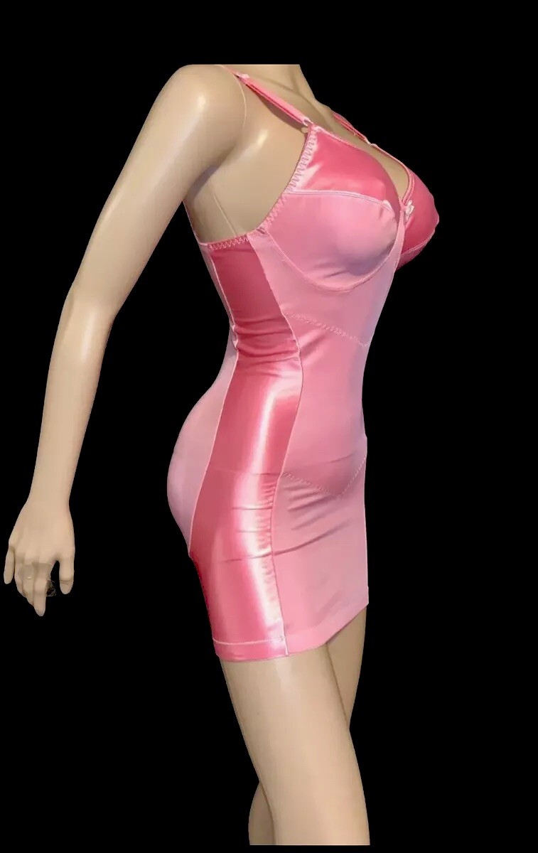 36 D Vintage Short Tight Pink Satin Girdle Bra Full Slip Shaper