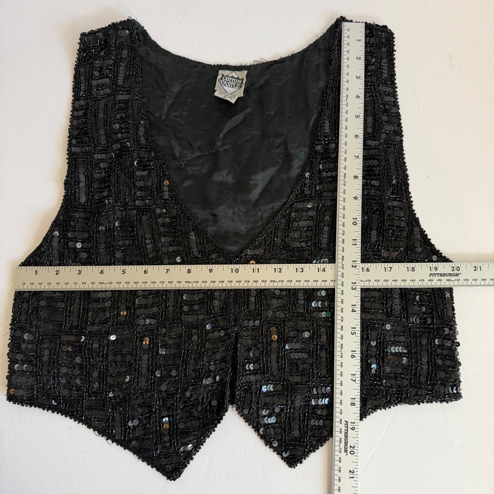 Vintage Silk Beaded Sequin Vest Black Medium Goth Party 90s Glam Witchy
