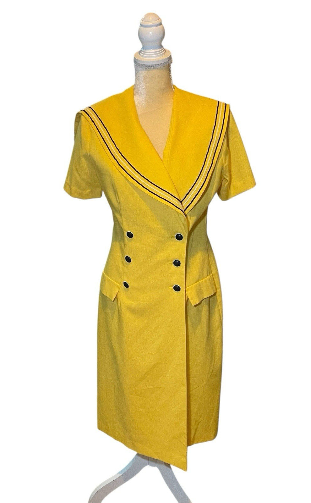 Vintage 1980s Midi Dress Yellow Nautical Sailor Collar Double Breasted Size 10P
