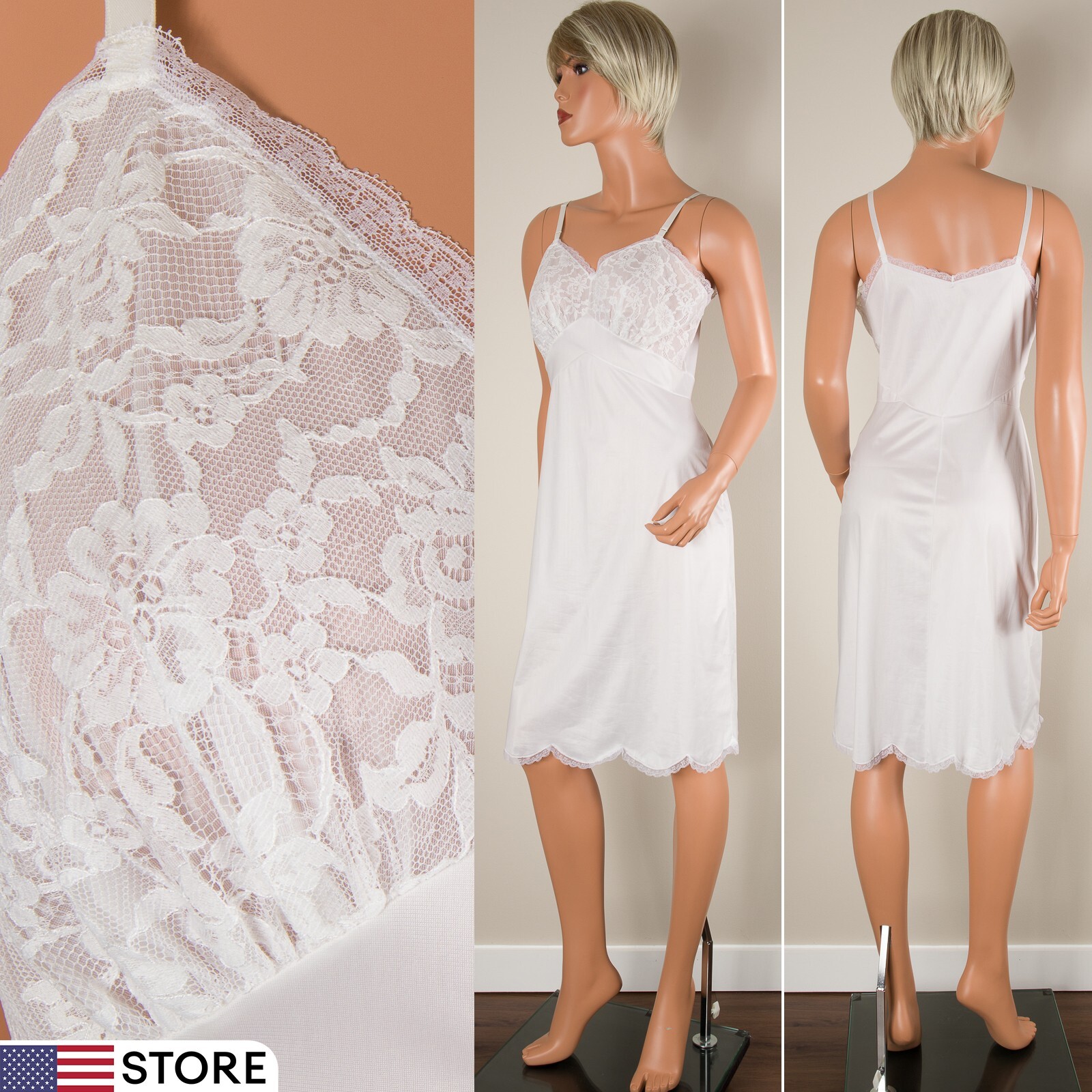 💖 Vintage 1960s VANITY FAIR White Full Slip Skirt Silky Nylon Lace Bodice Sz 34
