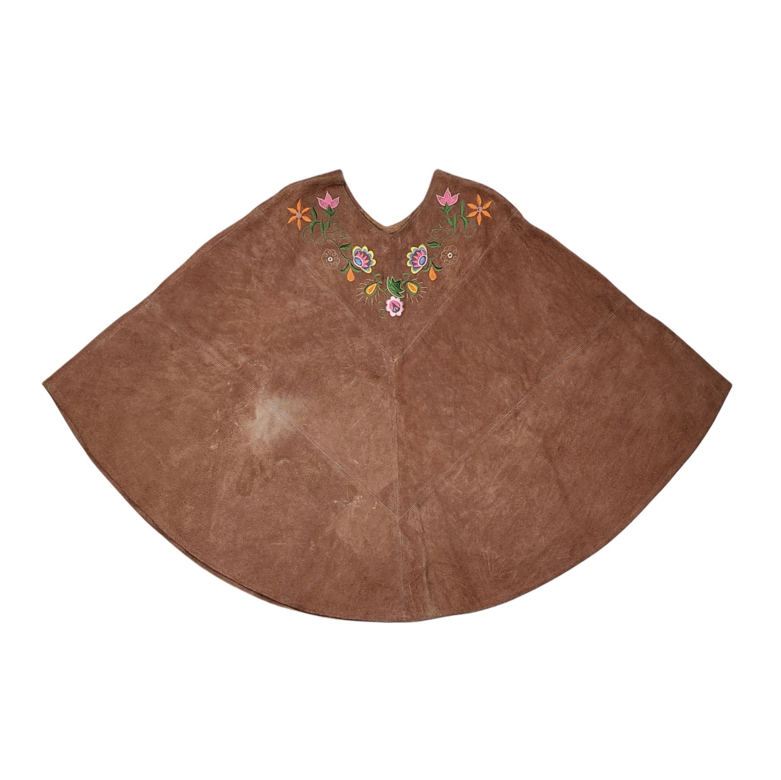 Vintage 60’s 70’s Suede Leather Cape Poncho Boho Hippie Floral Native American