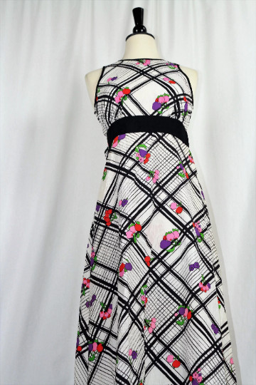 Vintage 60s Cherry Black & White Fruit Print Maxi Dress w/Keyhole Back
