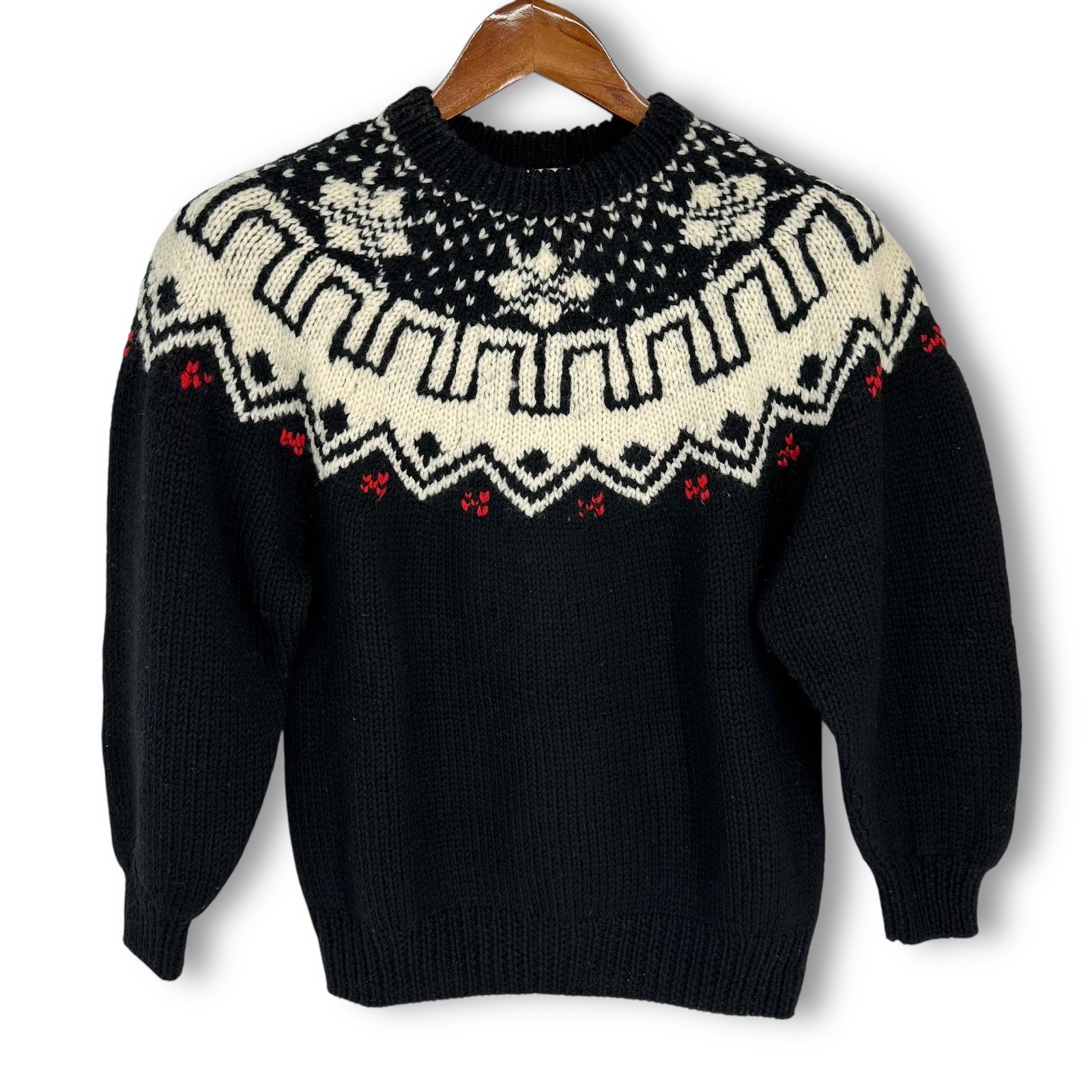 VTG Currents Australia Fair Isle Sweater Oversized Sz S 100% Wool Black Cream