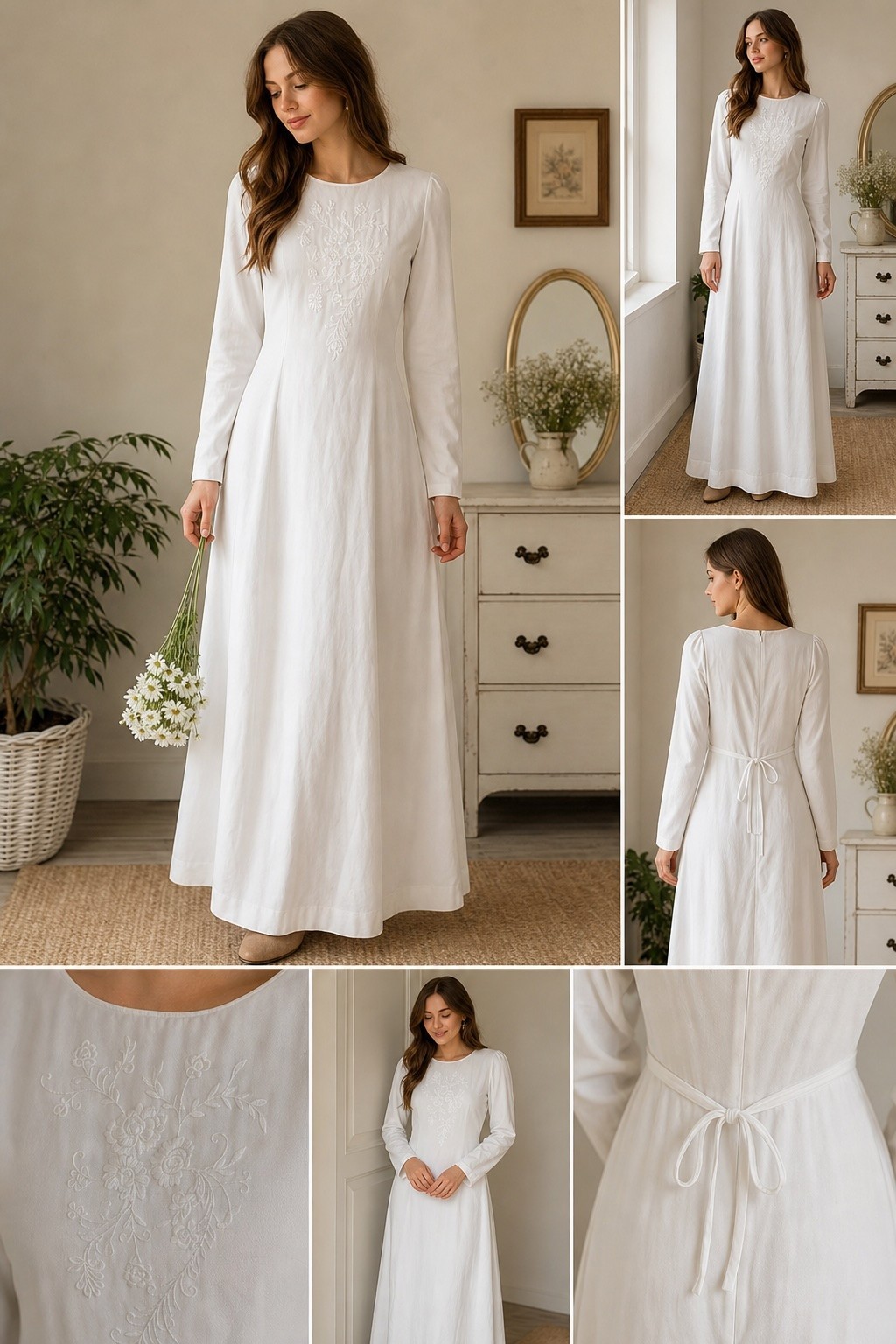 Vintage Jody of California White Maxi Dress Size 8 Embroidered Boho Prairie USA