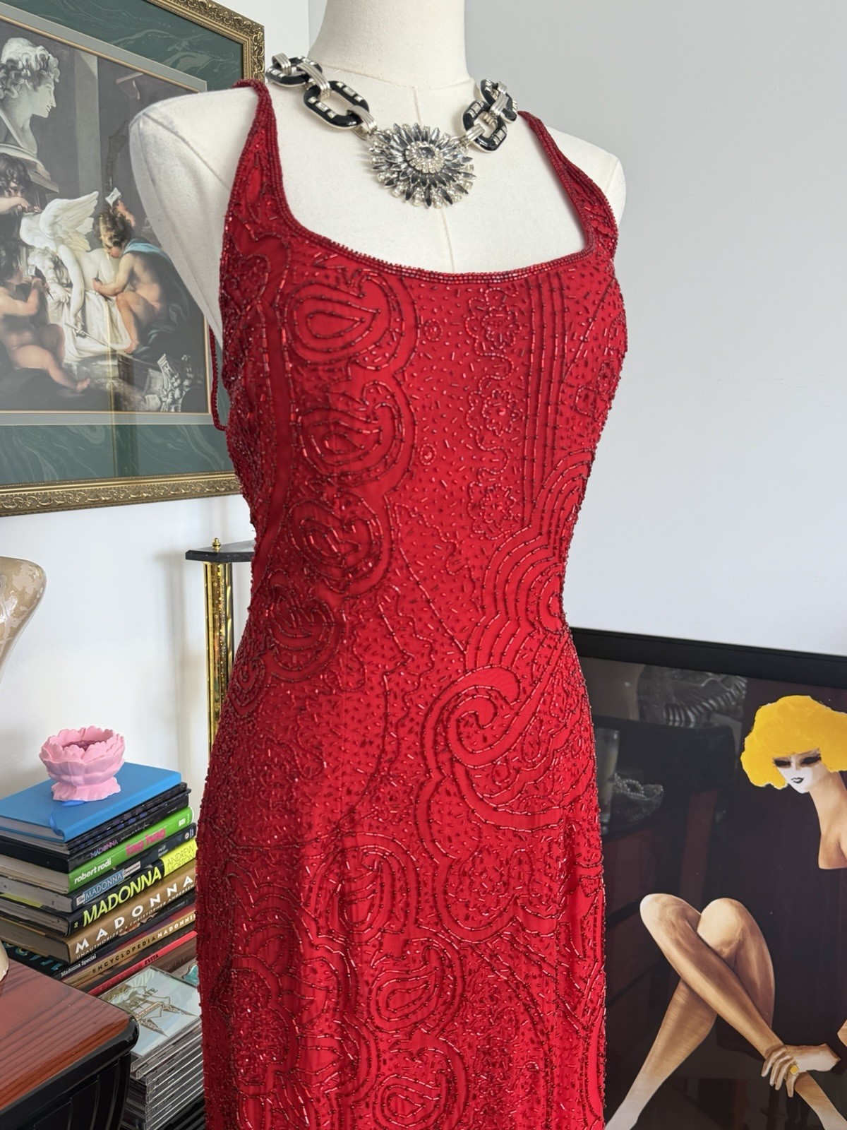 Vintage Cache Red Fully Beaded Evening Gown Deadstock NWT Size M