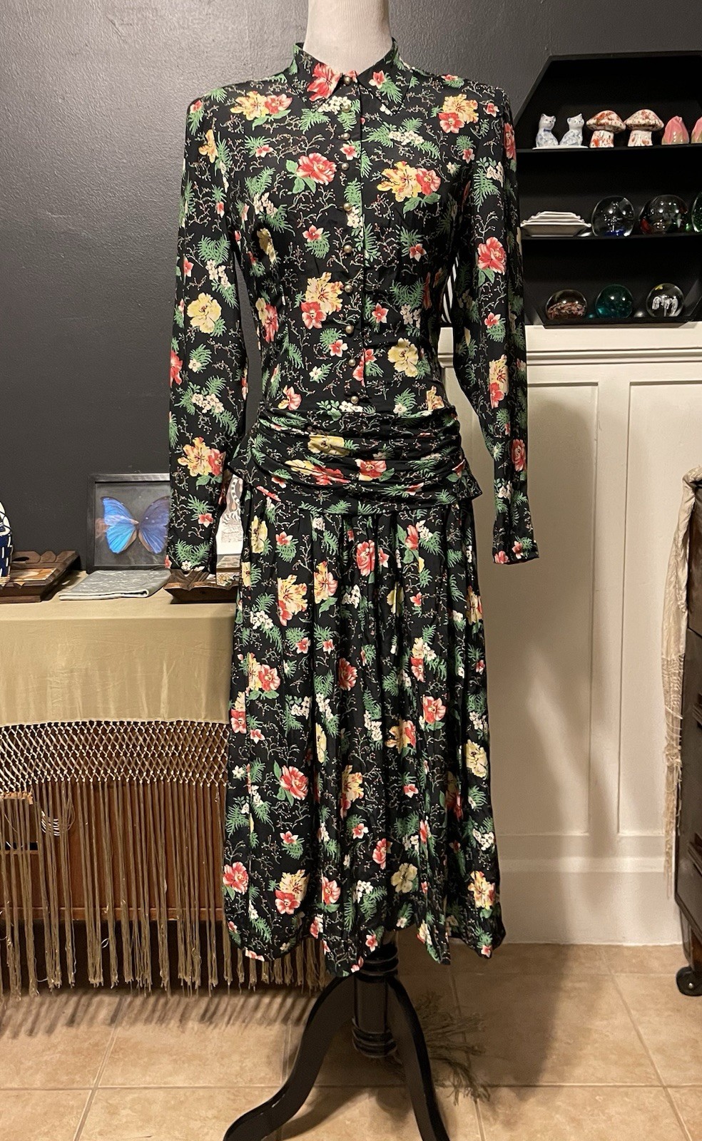 1950’s Johnathan Logan Floral Dress With Peplum Collar Long Sleeves