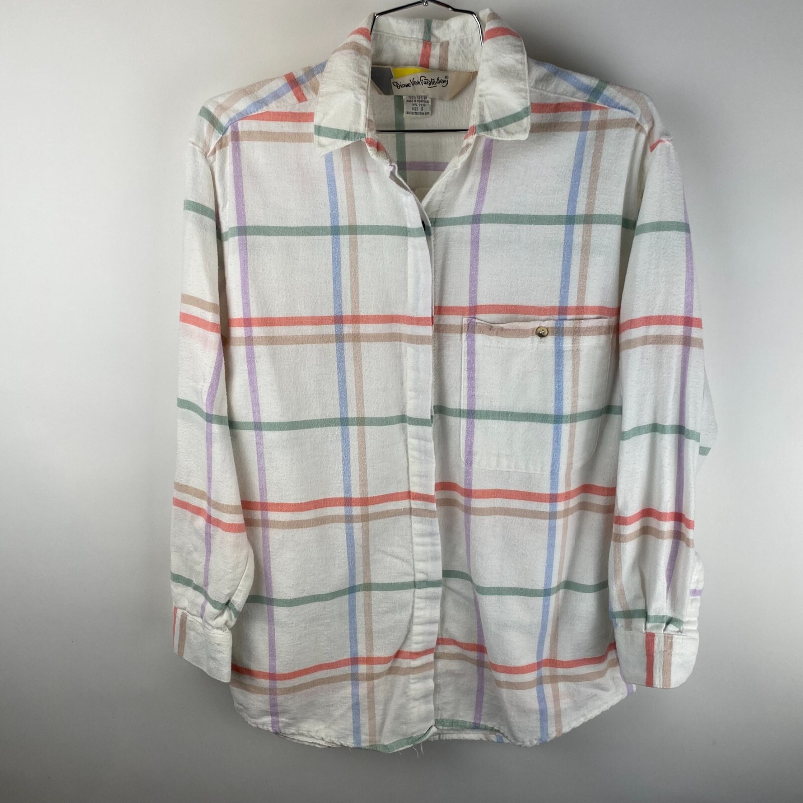 Vintage Diane von Furstenberg Pastel Plaid Flannel Shirt Women’s Small Cotton