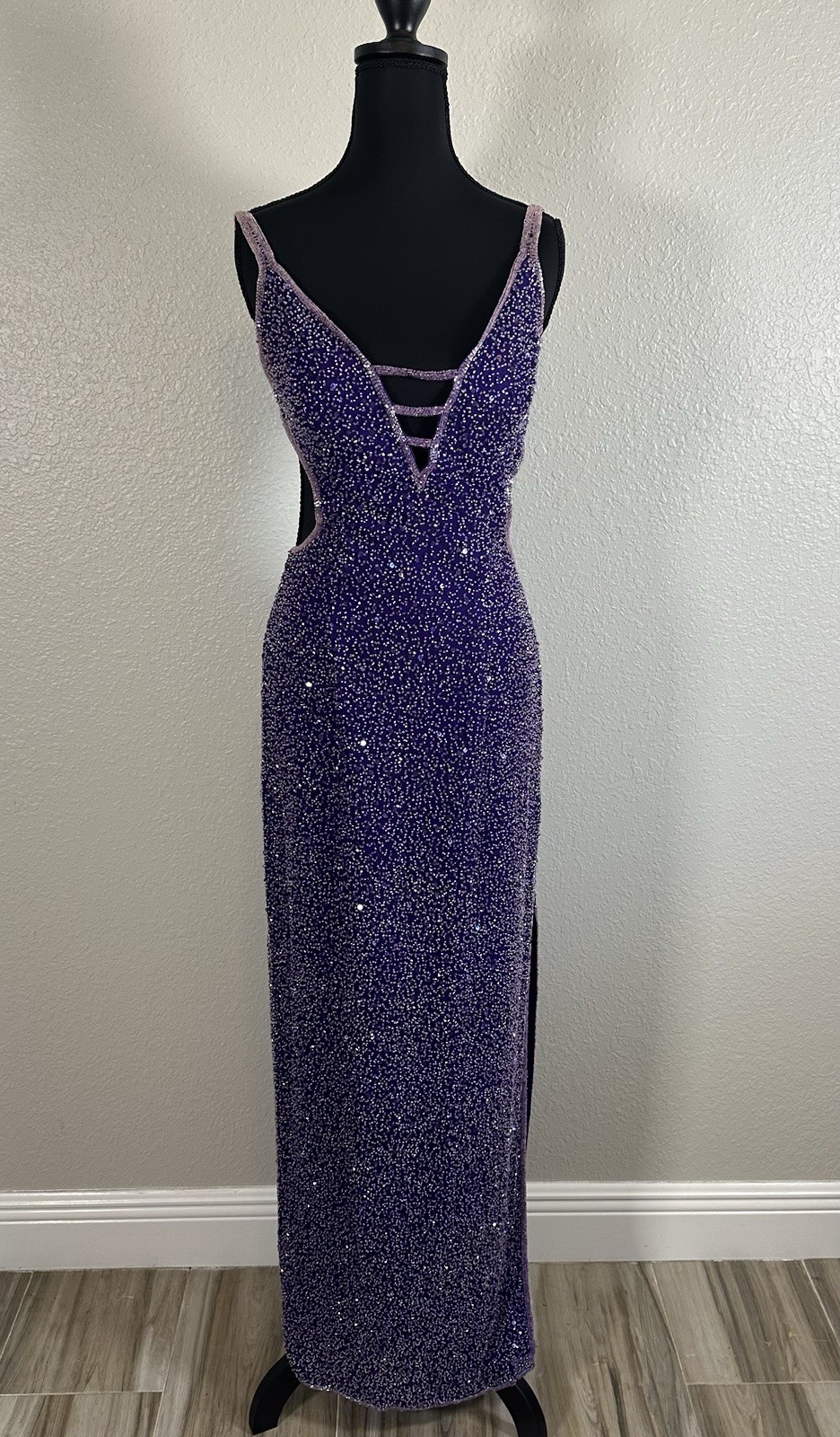 VTG Scala Maxi Dress 100% Silk Beaded Formal Cut Out Slit SZ Medium* Prom Purple