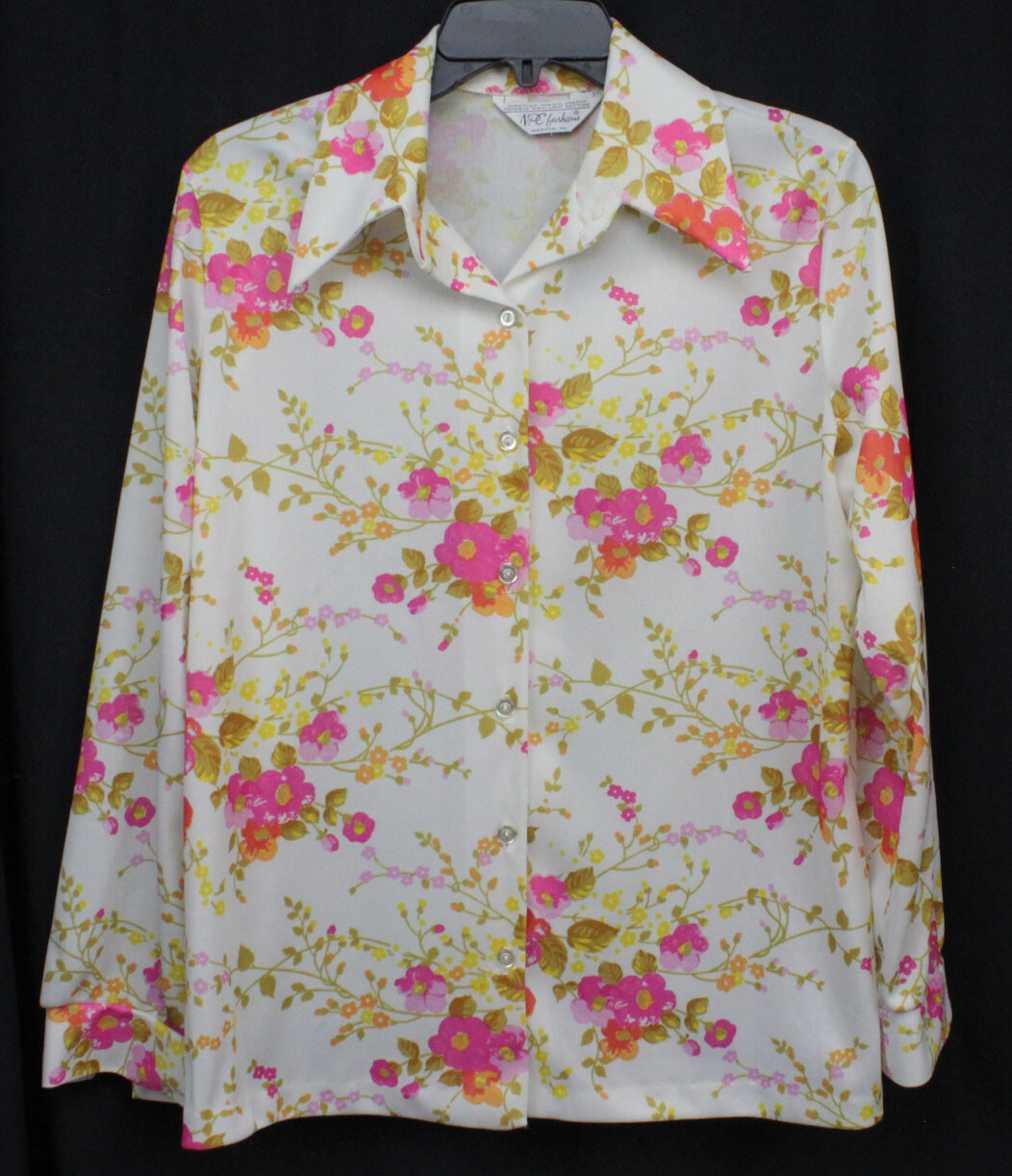 Vtg NPC Fashions Shirt Top Blouse Polyester Floral Gold Orange Mod Retro M/L