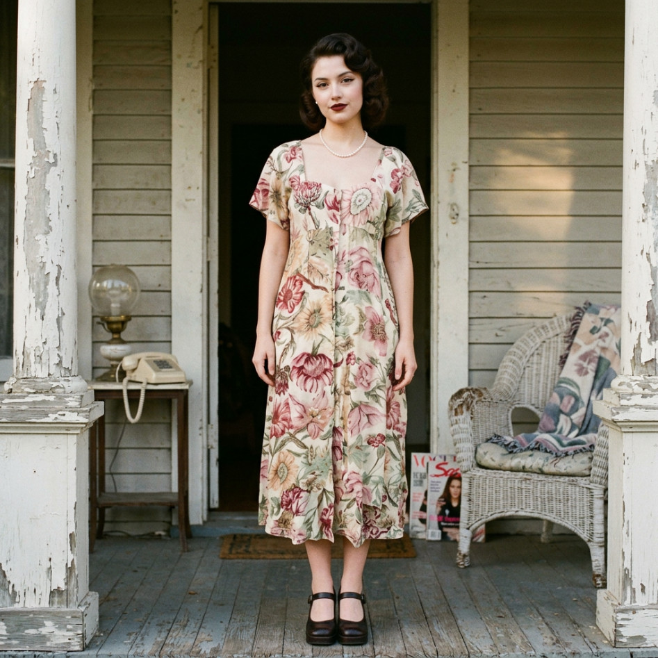 Vtg Gail Garner for All That Glitters retro 40s floral WWII look midi dress M