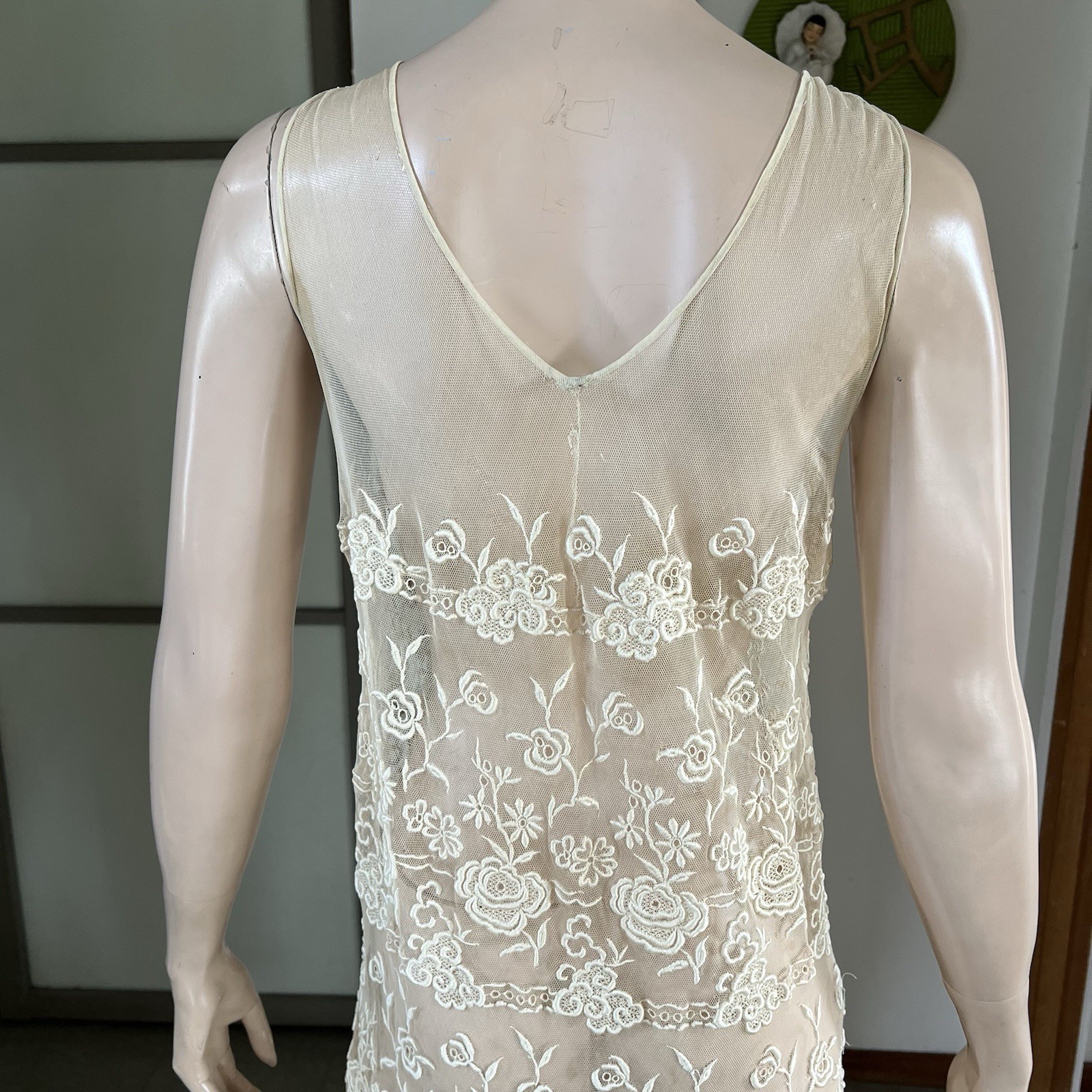 1920s Vintage Sheer Net Lace Embroidered Flapper Dress S/M