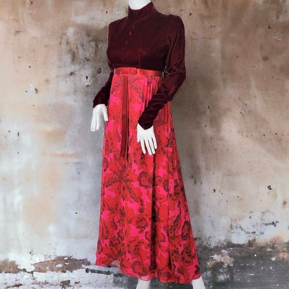 Vintage 70s Burgundy Velvet Silk Chiffon Paisley Gothic Gown Empire Waist Dress