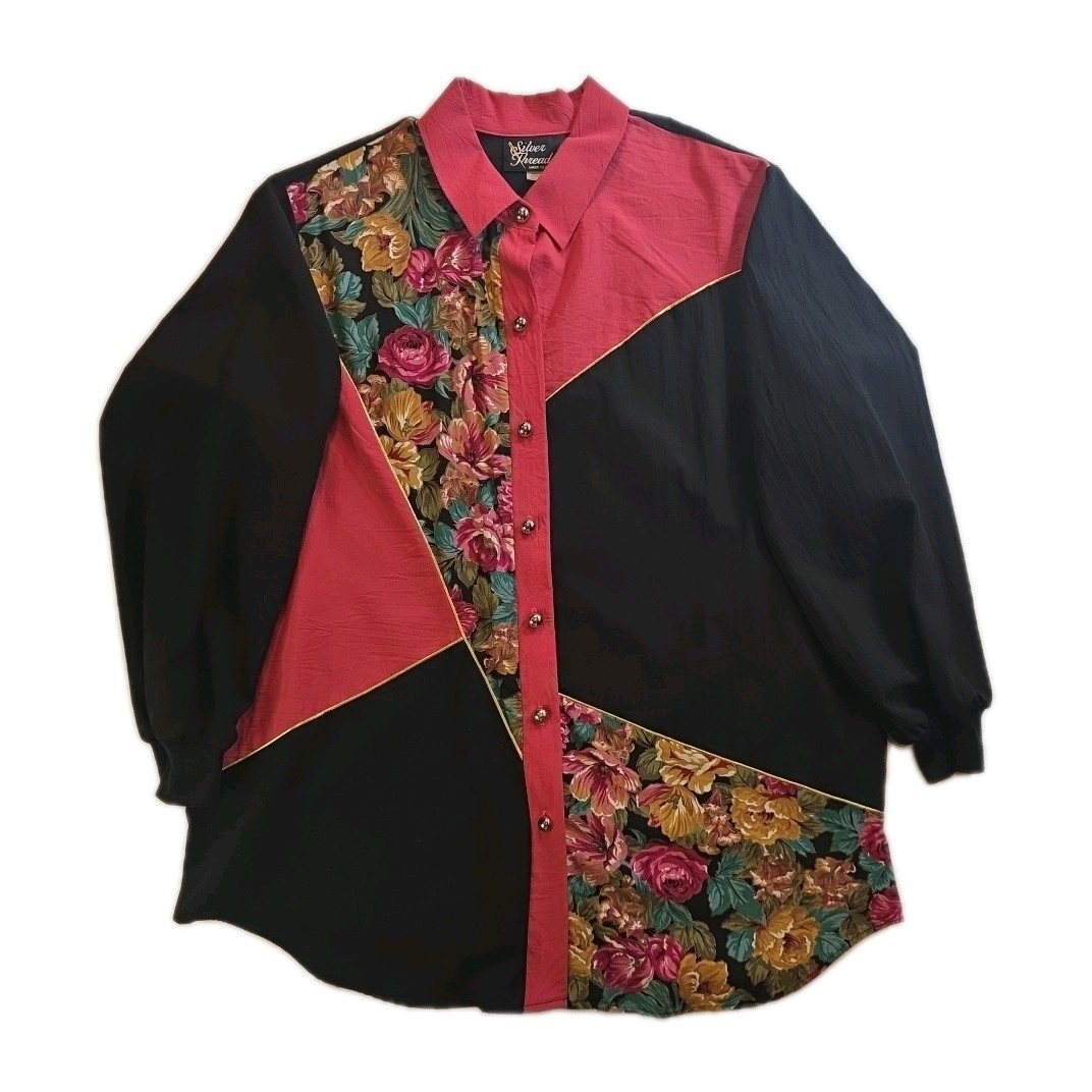Vintage Black Pink Floral Silver Threads Blouse – Size L
