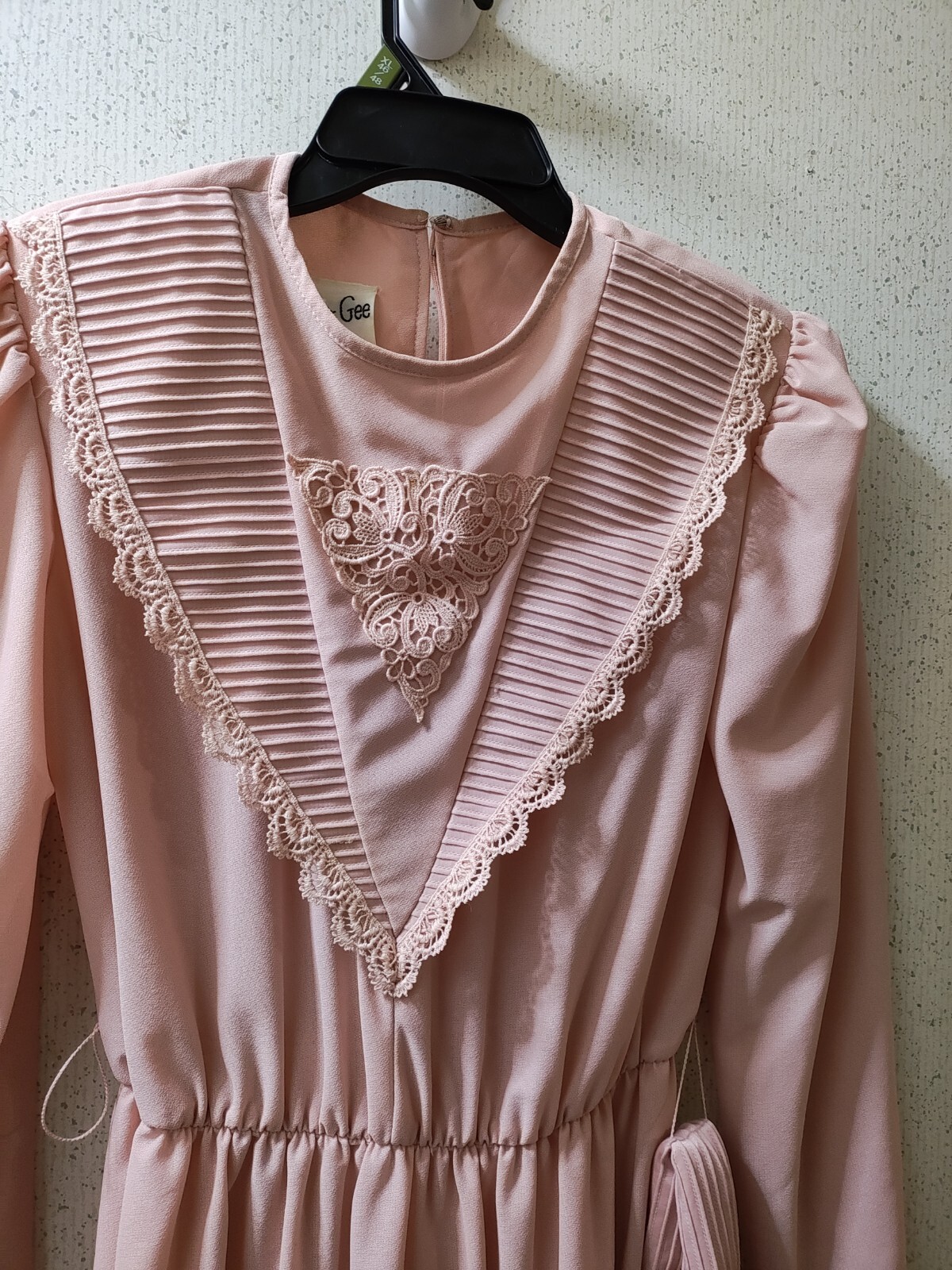 Vintage Jennifer Gee Chiffon Dress Pink Lace Puff Long Sleeve Size 10 Clean USA