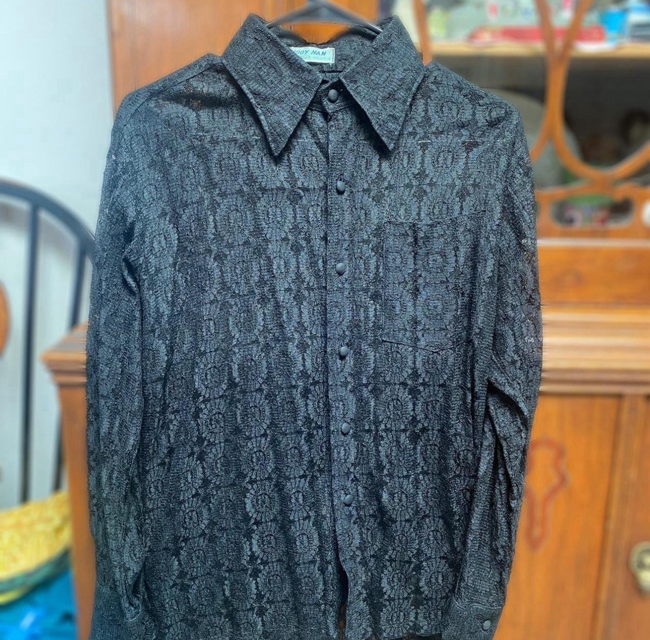 Mooy Nam Vintage 70s Imported Black Lace Long Sleeve Blouse