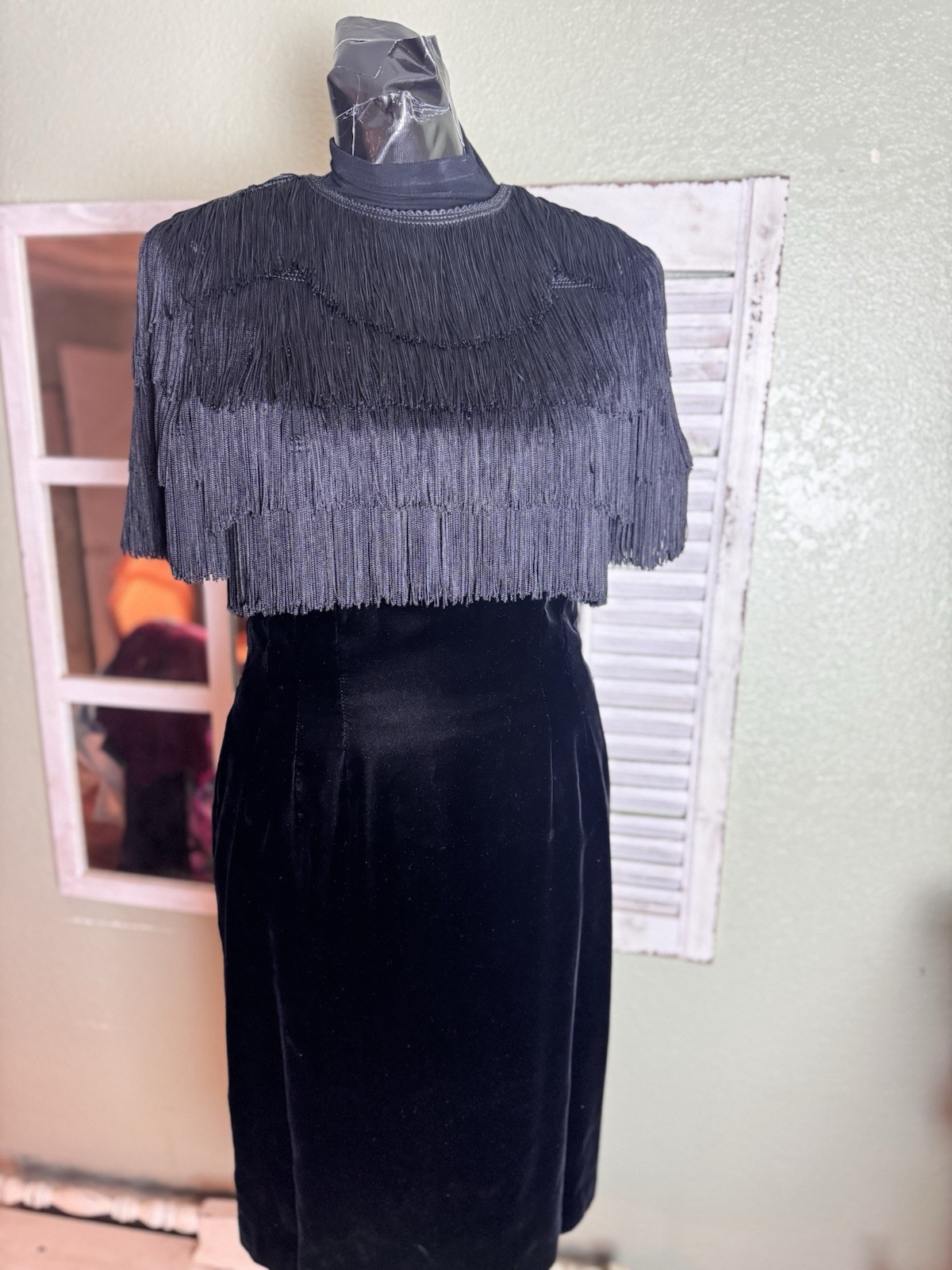 vintage Anne Klein black fringe Velvet Cocktail Dress