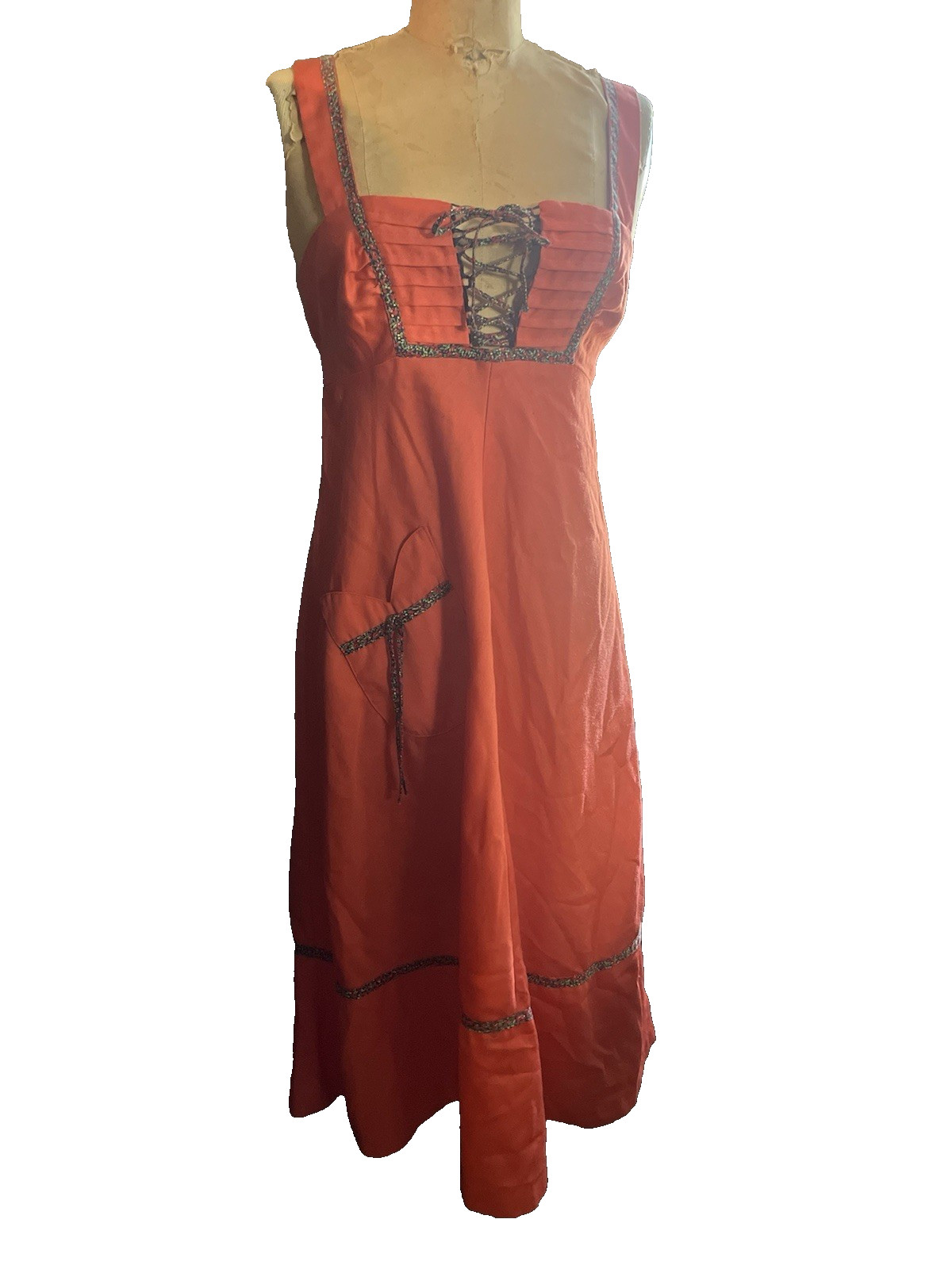 Vtg Prairie Dress Calico Trim lace-up Corset Hippie Gypsy Boho S M cottagecore