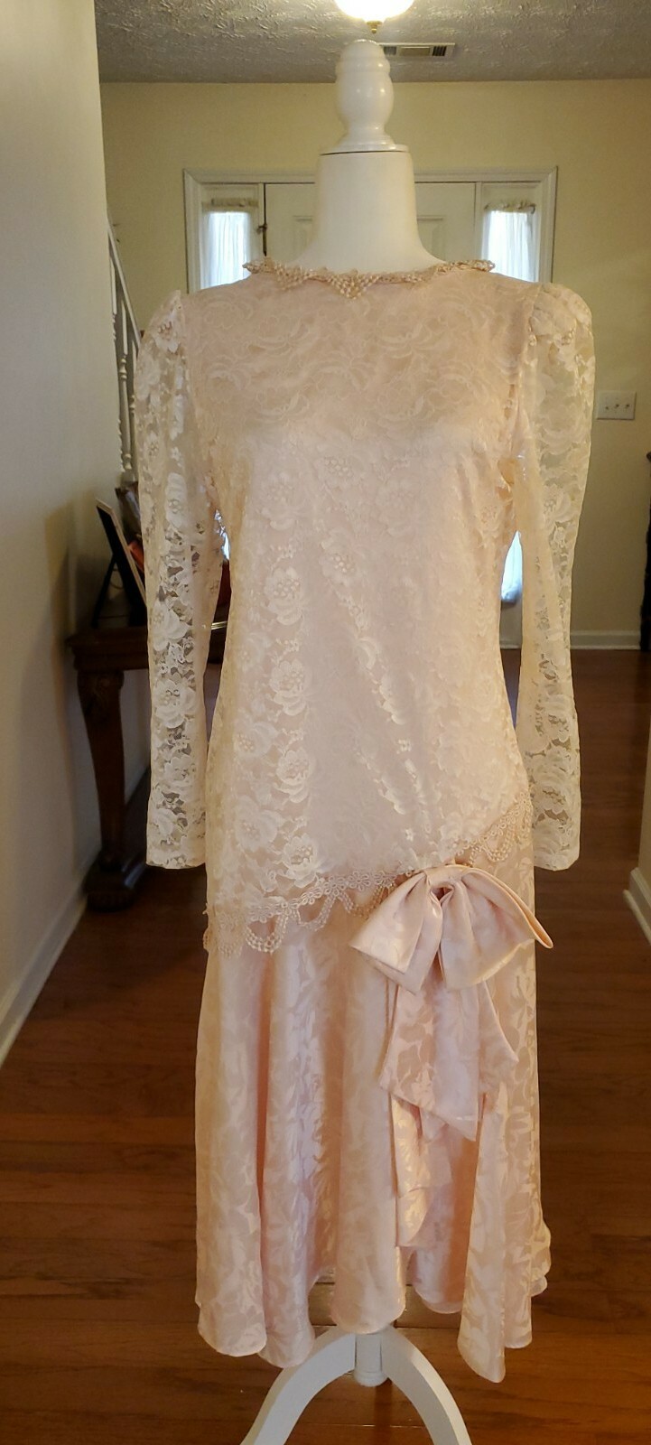 Vintage 90’s After Dark Pink floral Drop Waist Bow Satin Lace Dress Size 7/8