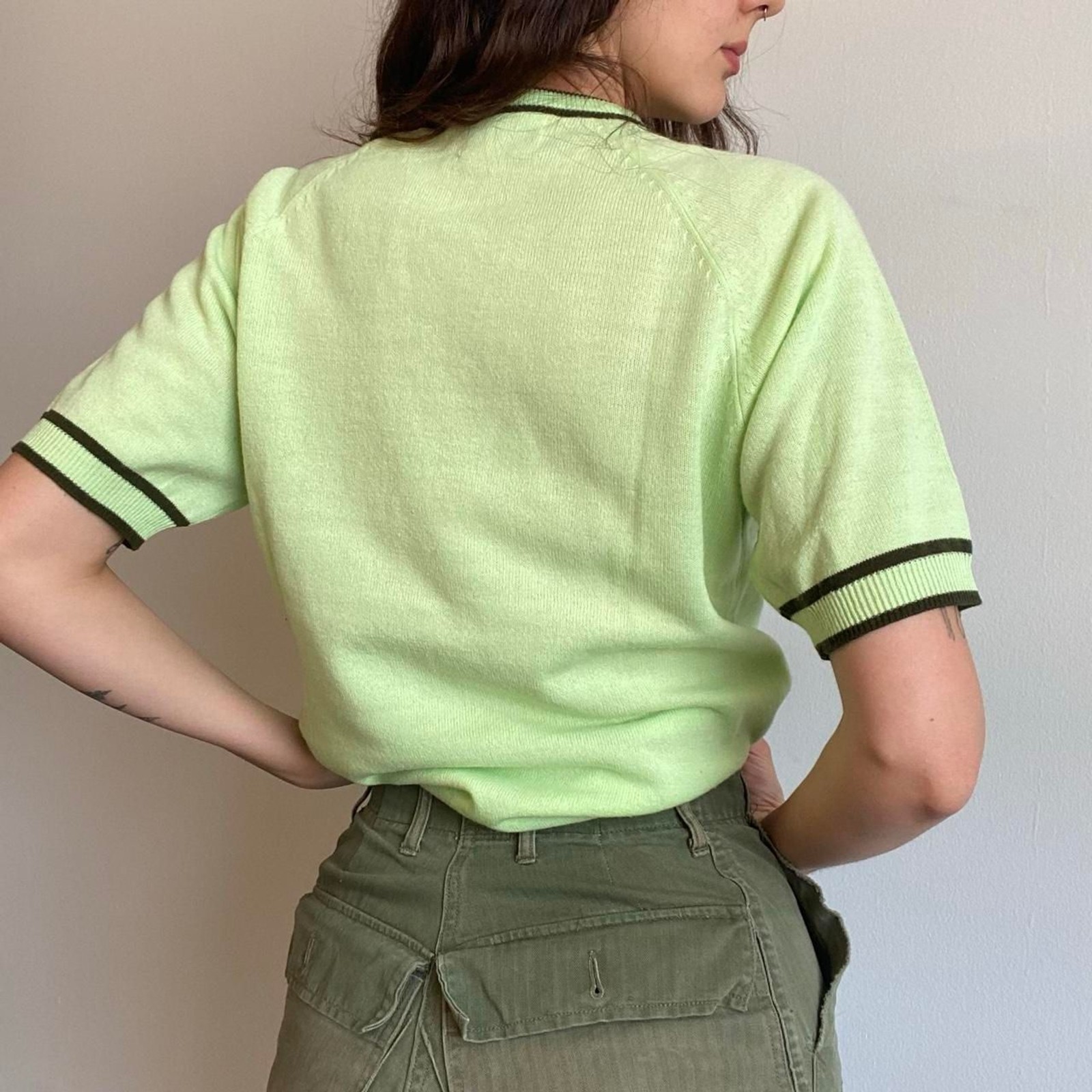 1960s acrylic bright pastel green short sleeve sweater