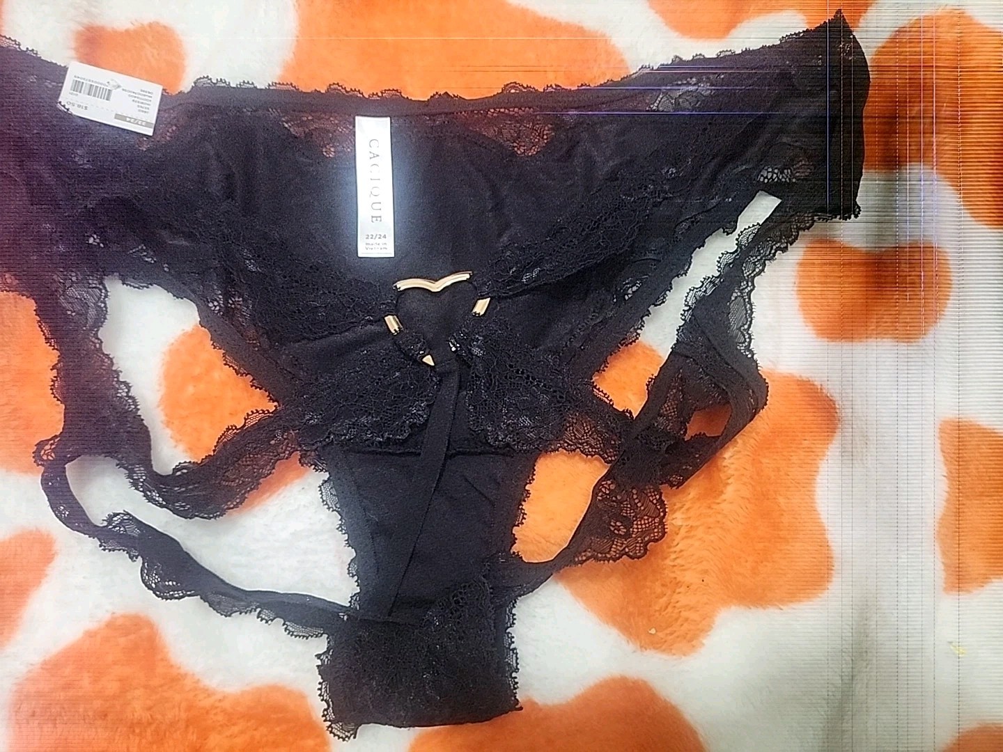 New Cacique Black Strappy Lace HEART Open Back Panties Size 22/24