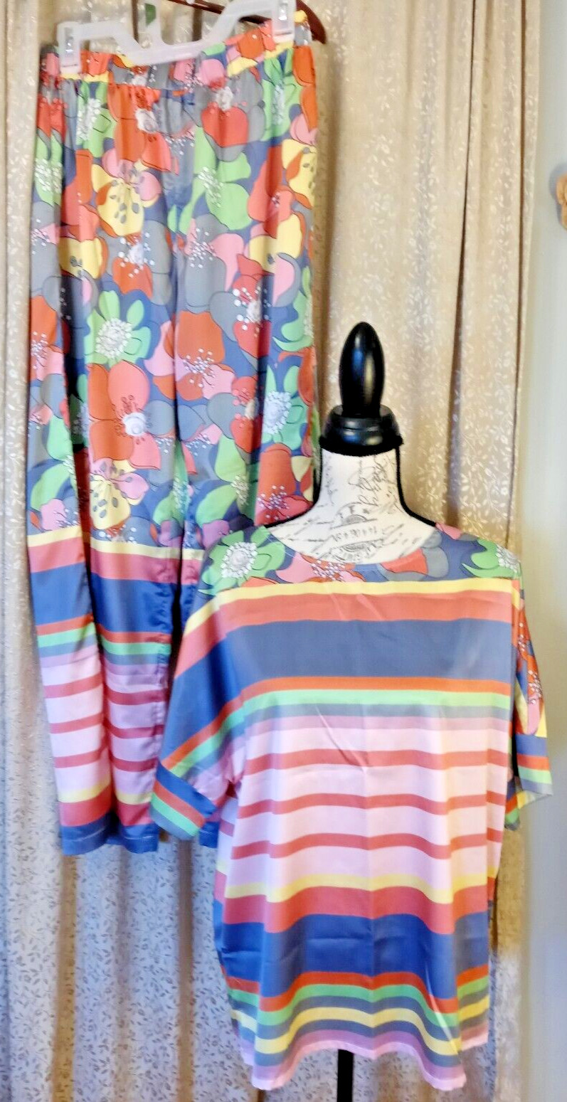 Psychedelic Vintage Tunic Pantsuit Orange Green Purple Yellow Flower Size XL