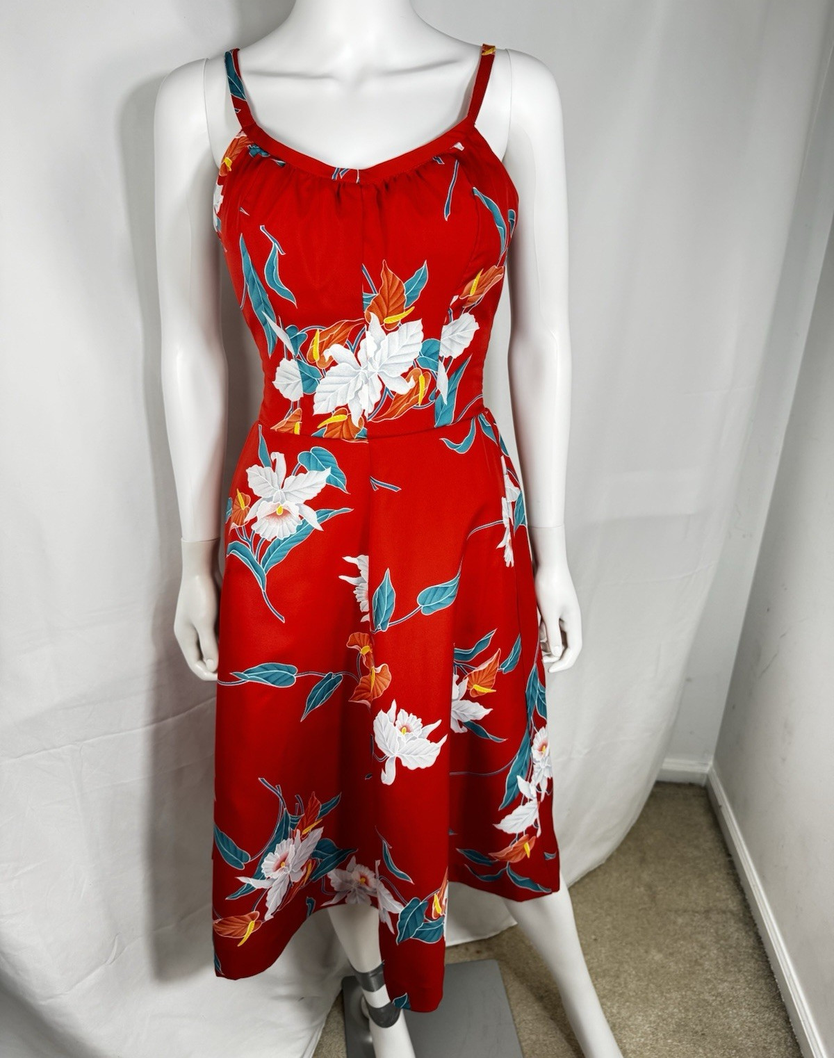VTG 70s Paradise Hawaii Tropical Floral Midi Dress Red Bird of Paradise Size 12
