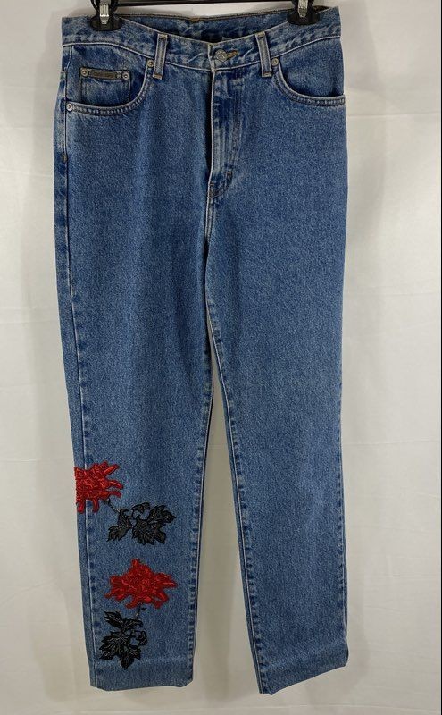 Vintage 90s Calvin Klein Women’s Blue Embroidered Beaded Floral Jeans USA Sz 8