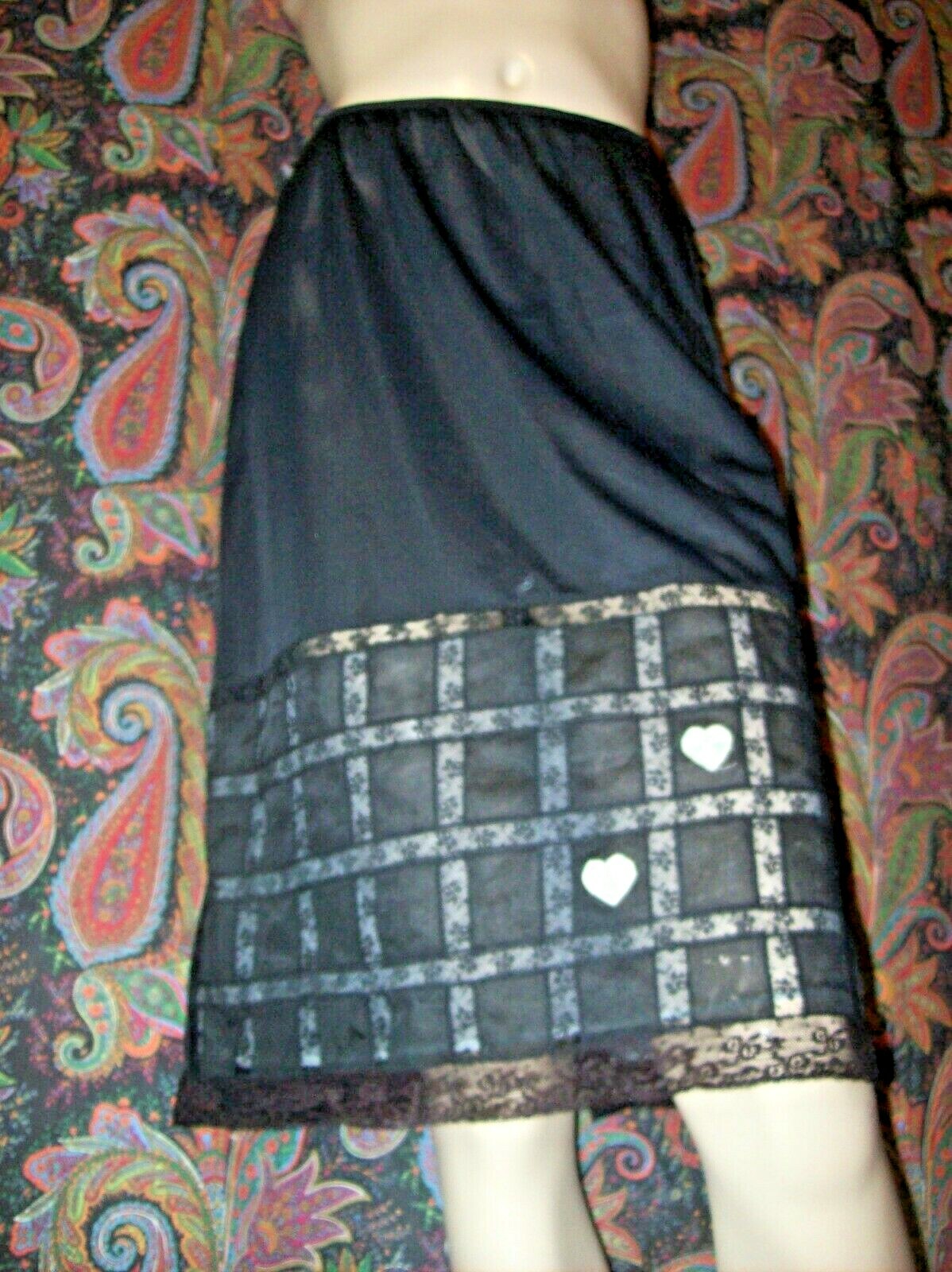 Vintage Chevette Hem Detail Black Nylon Tricot Lacy Half Slip S